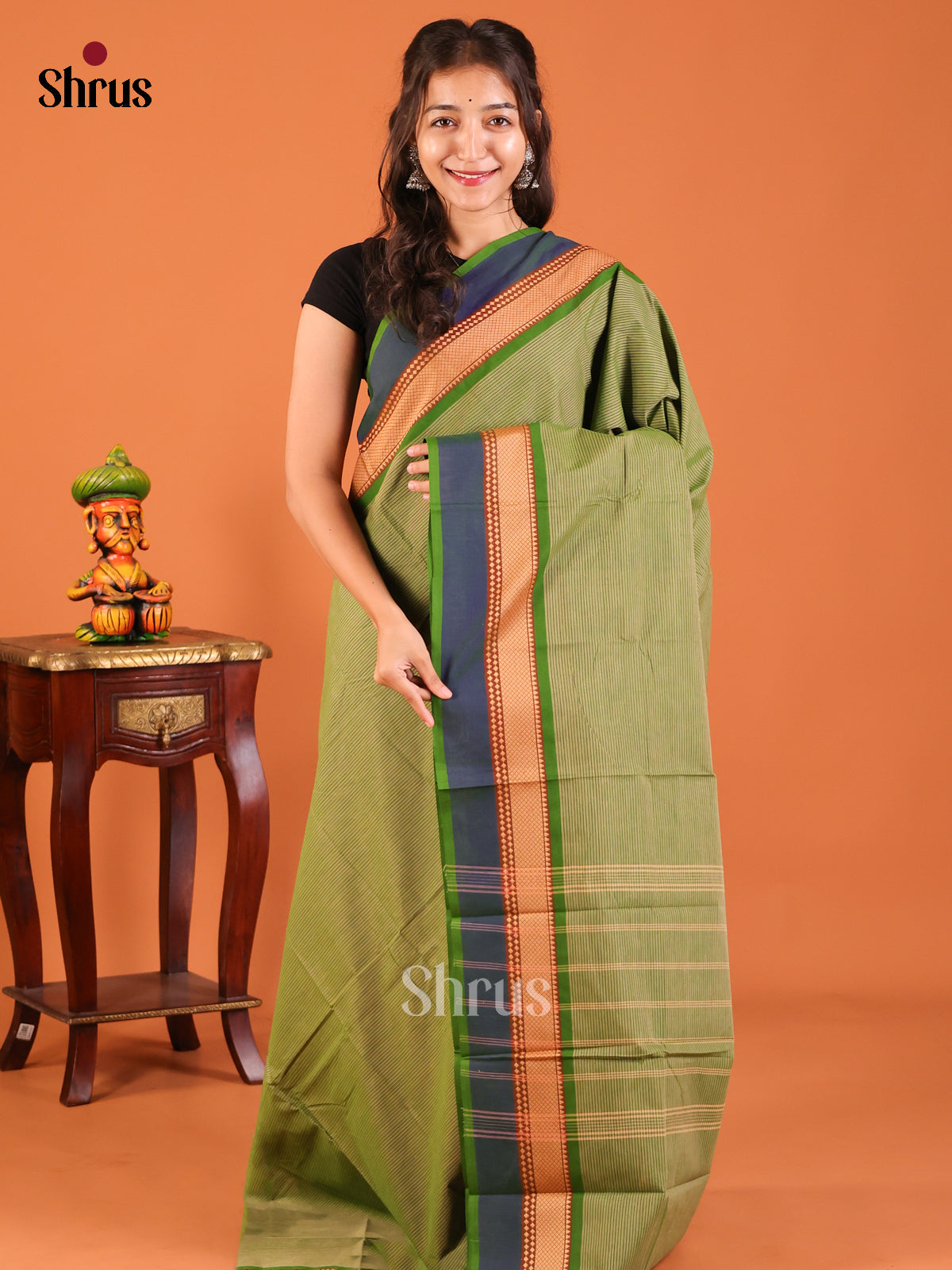 Mehandi Green with Green - Chettinad Mix Cotton Saree - Shop on Shrus.com