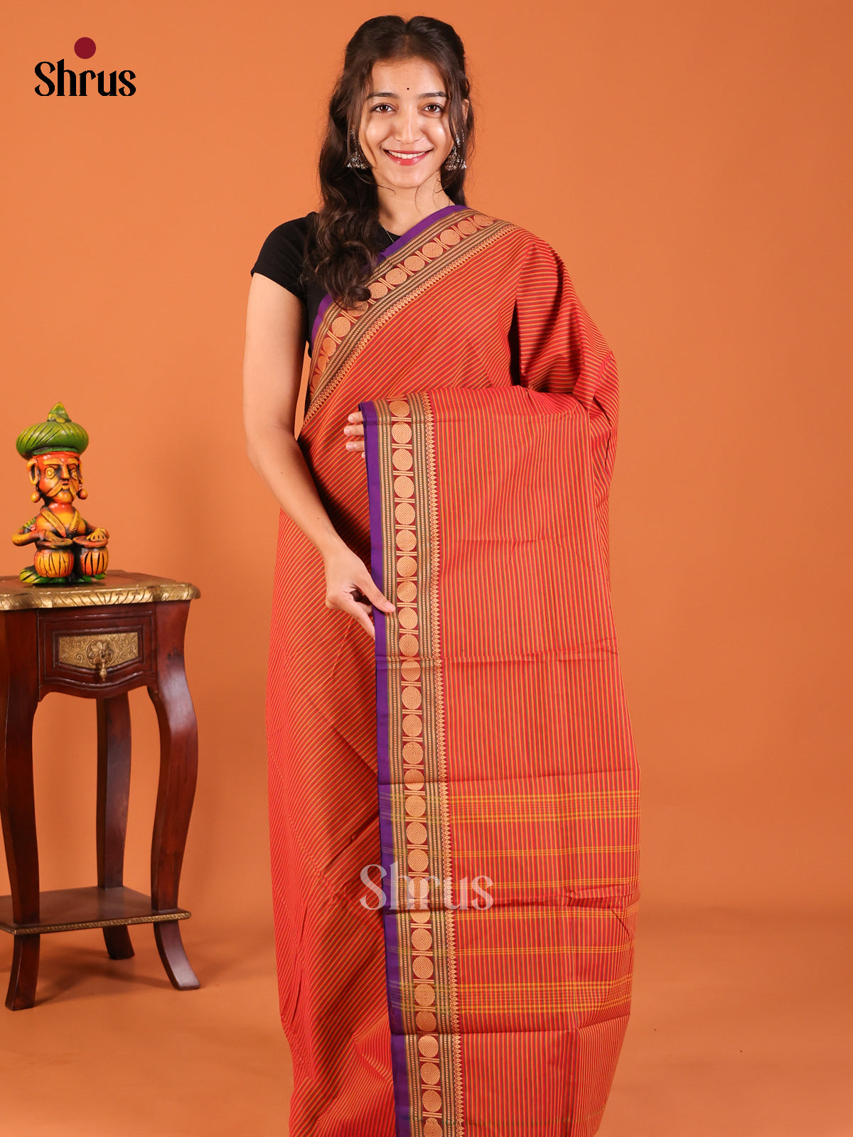 Orange with Violet - Chettinad Mix Cotton Saree - Shop on Shrus.com