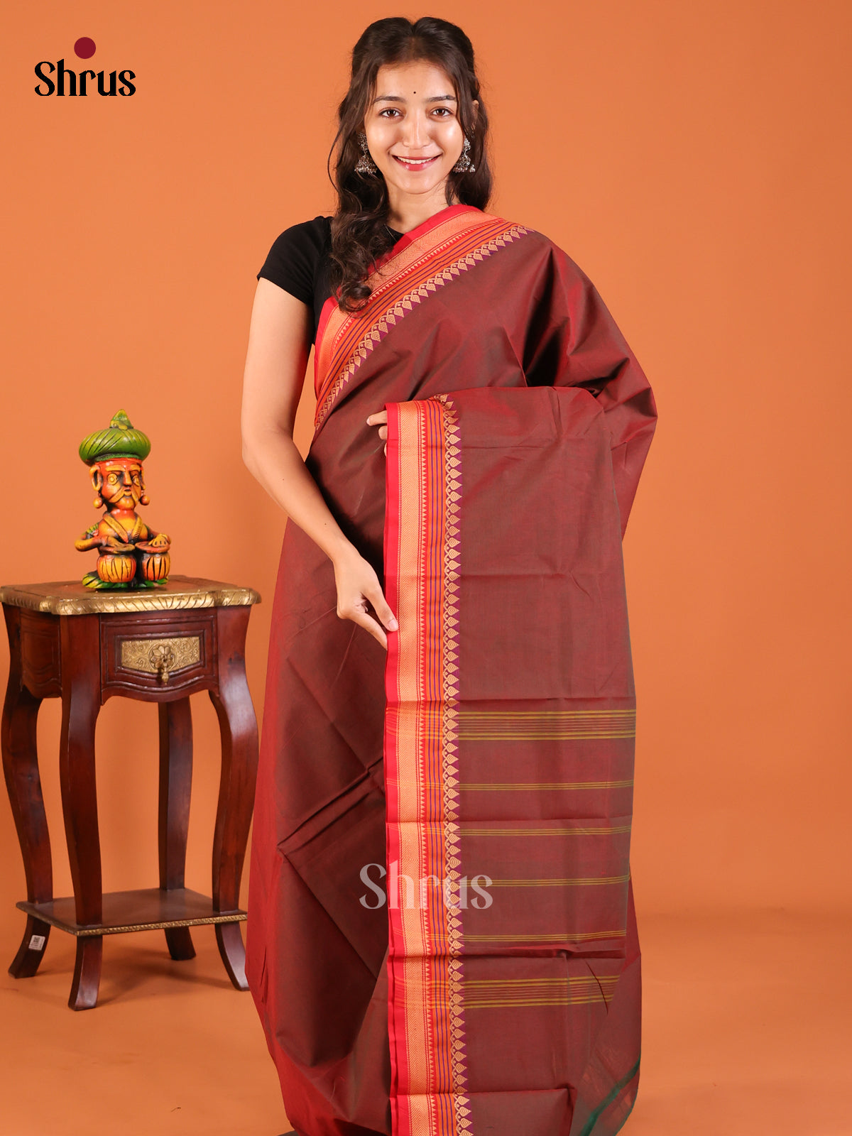 Brown with Red- Chettinad Mix Cotton Saree - Shop on Shrus.com