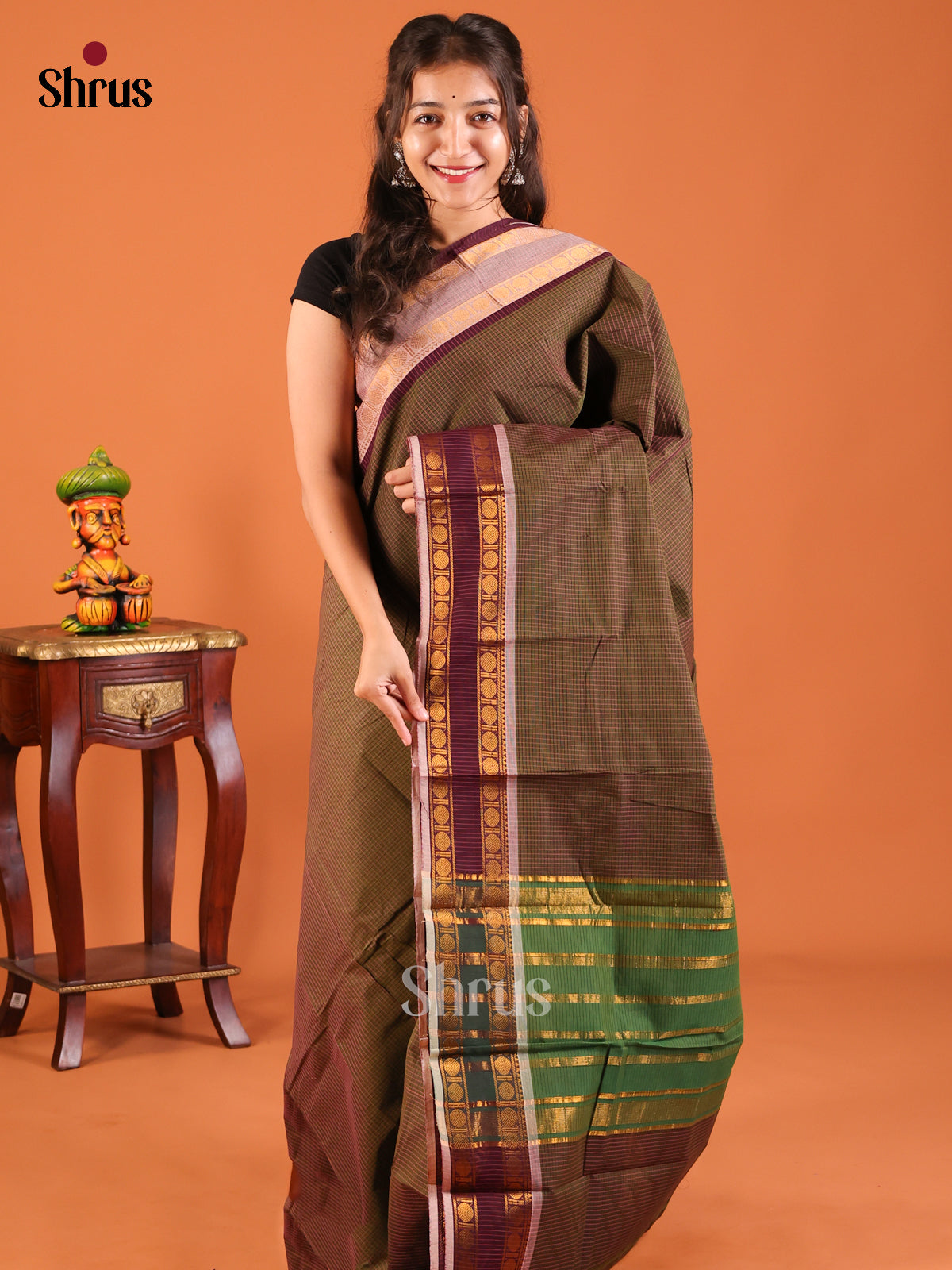 Chutney Green with Maroon - Chettinad Mix Cotton Saree - Shop on Shrus.com