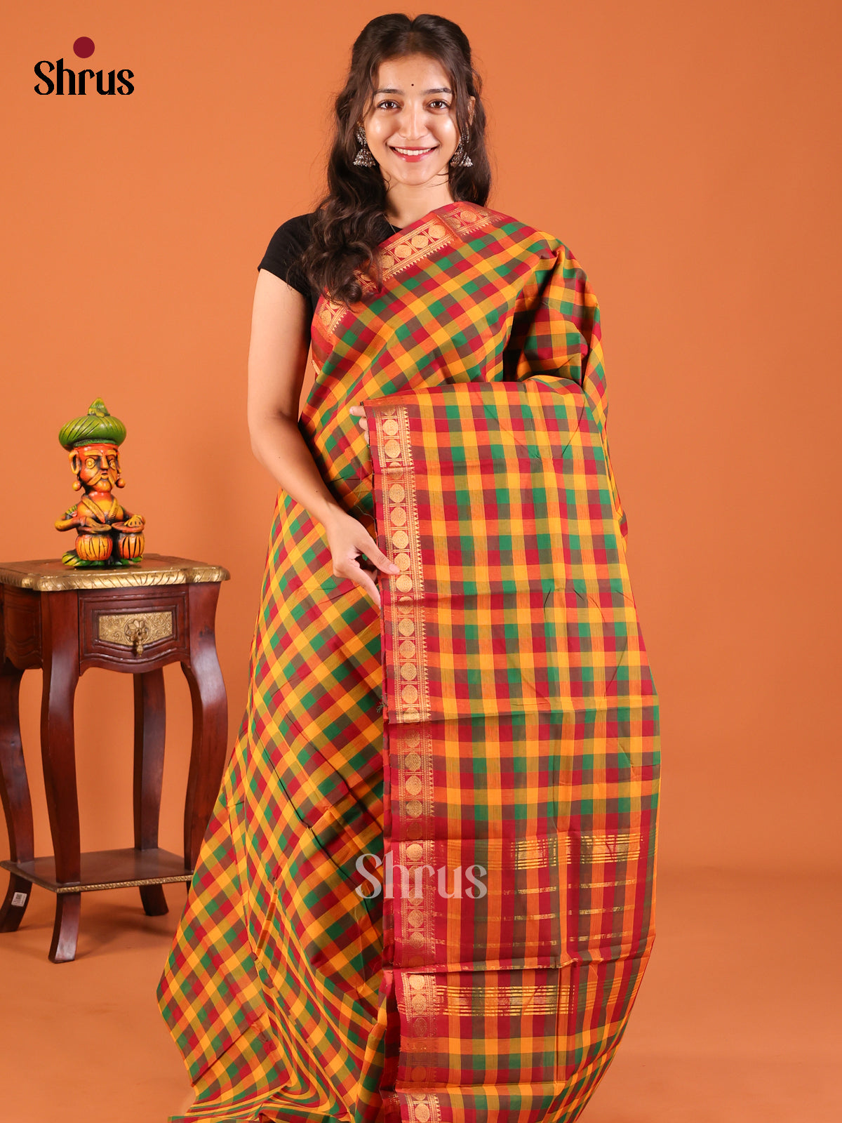 Mustard & Green- Chettinad Mix Cotton Saree - Shop on Shrus.com