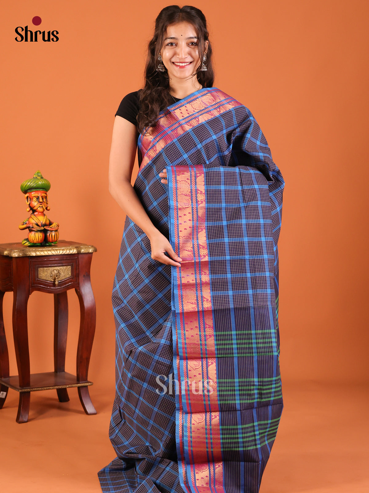 Blue & Black - Chettinad Mix Cotton Saree - Shop on Shrus.com