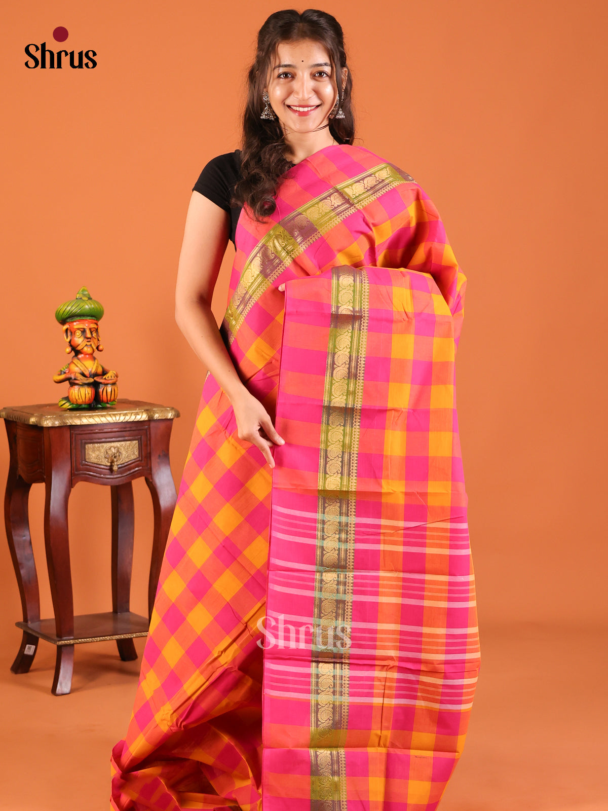 Pink & Yellow - Chettinad Mix Cotton Saree - Shop on Shrus.com