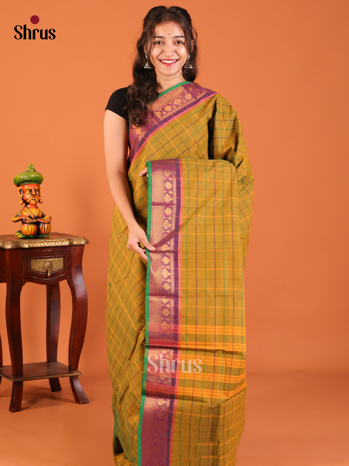 Green with Purple - Chettinad Mix Cotton Saree - Shop on Shrus.com