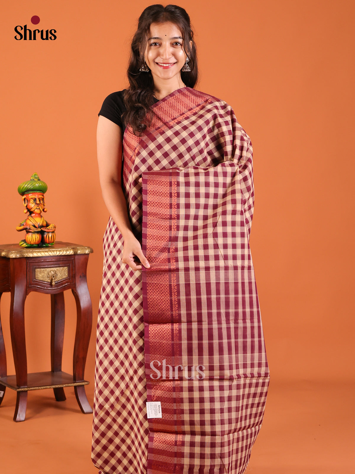 Cream & Maroon - Chettinad Mix Cotton Saree - Shop on Shrus.com