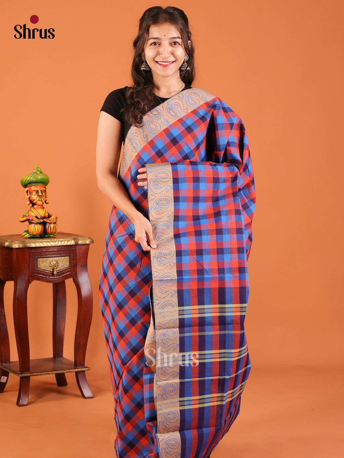 Blue & Red - Chettinad Mix Cotton Saree - Shop on Shrus.com