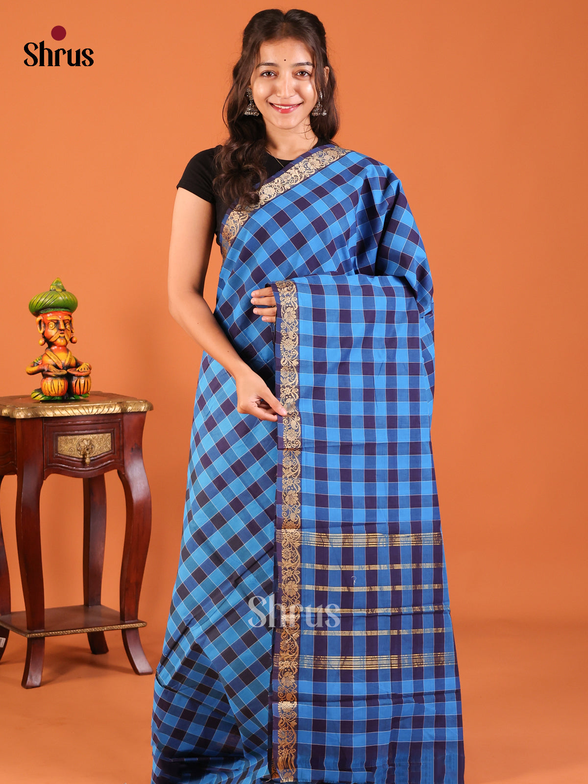 Blue & Navy Blue - Chettinad Mix Cotton Saree - Shop on Shrus.com