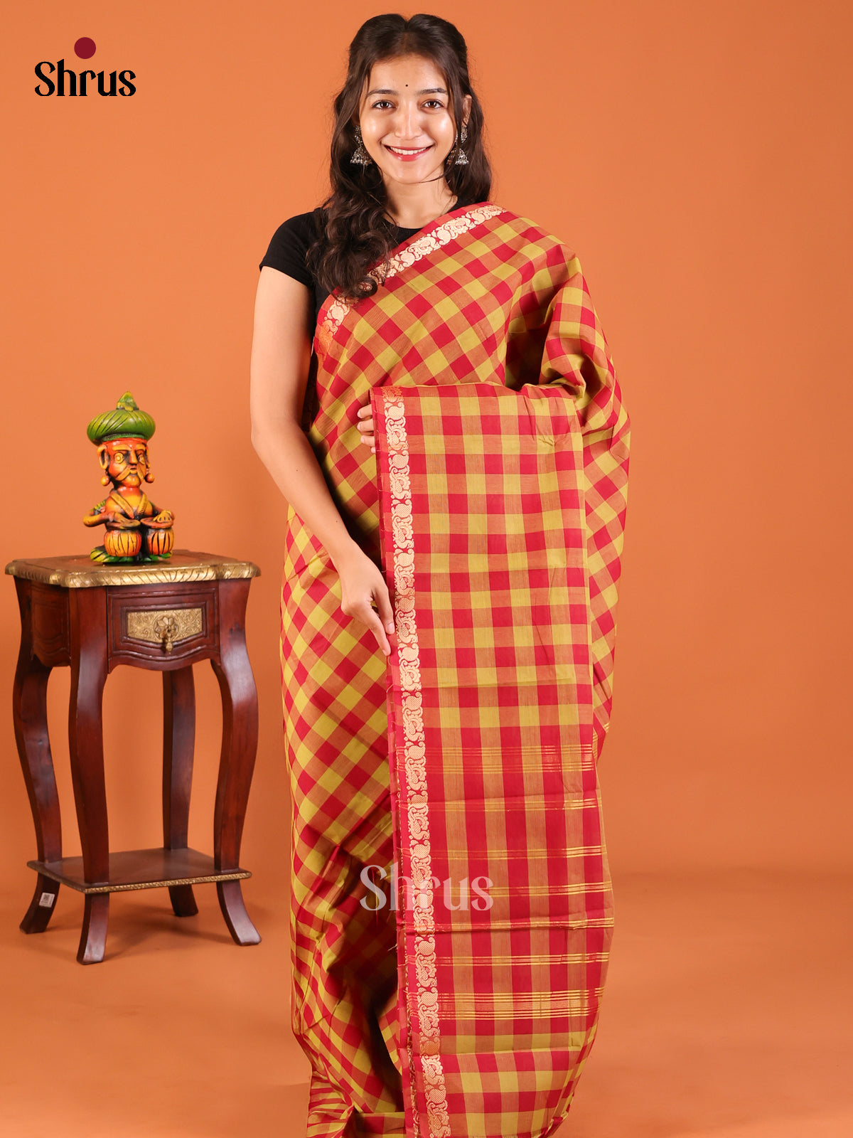 Yellow with Red - Chettinad Mix Cotton Saree - Shop on Shrus.com