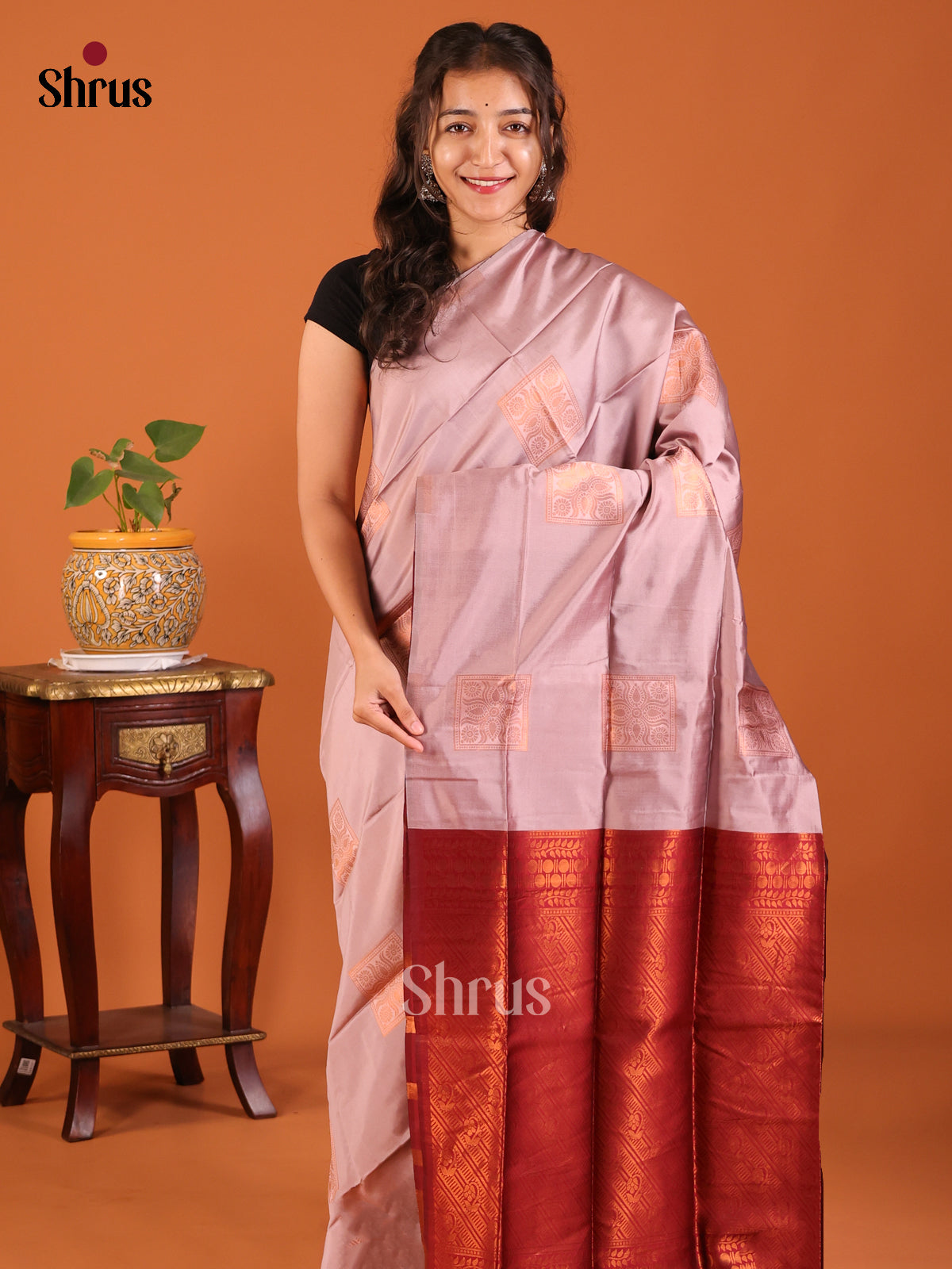 Lavender with Maroon - Semisoft silk Saree - Shop on Shrus.com