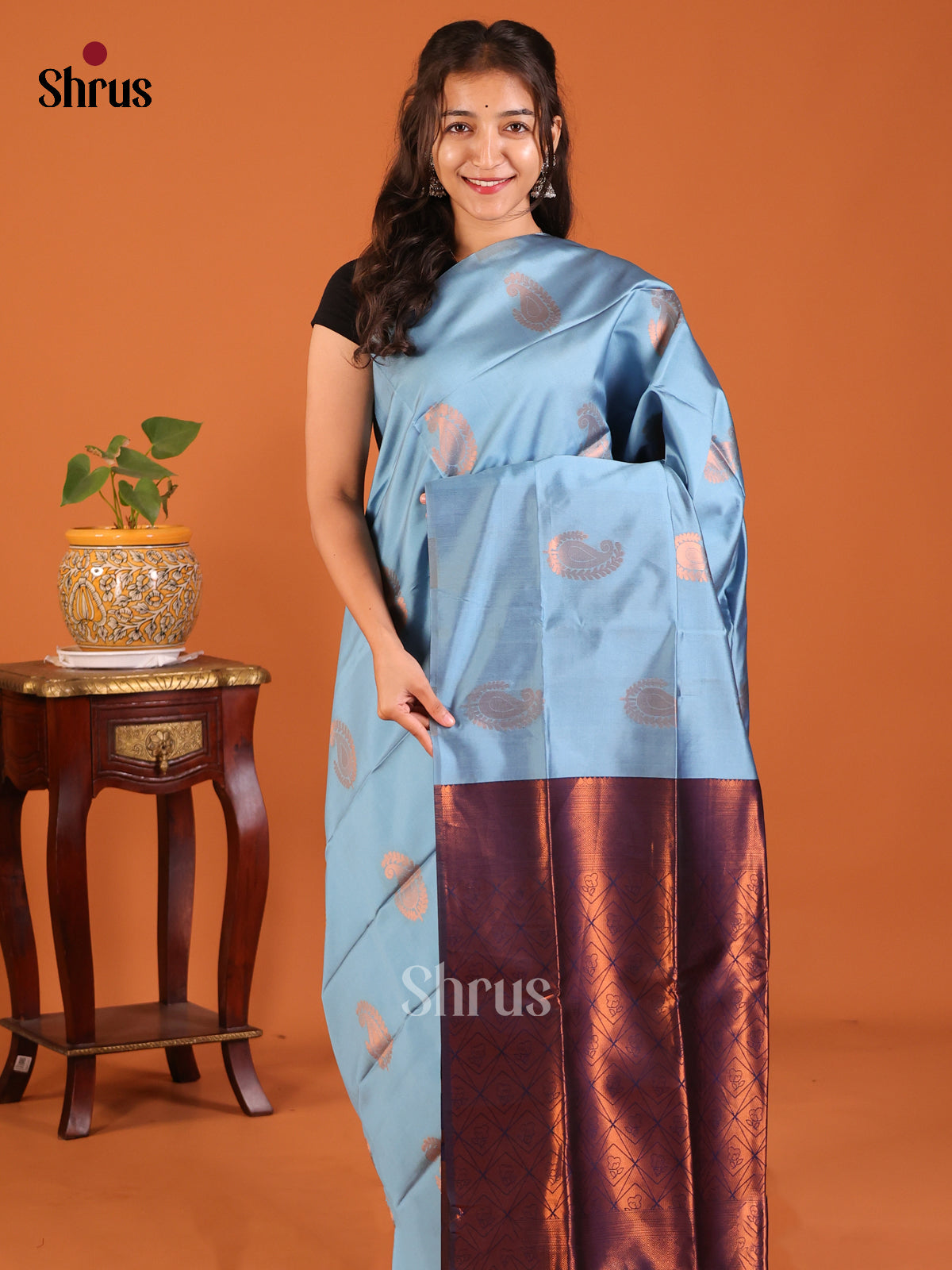 Pastel Blue with Blue - Semisoft silk Saree - Shop on Shrus.com