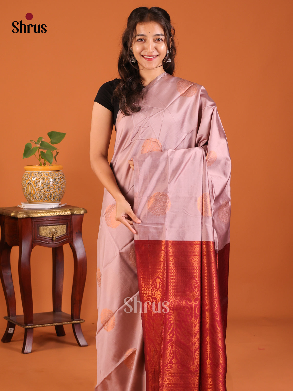 Lavender with Maroon - Semisoft silk Saree - Shop on Shrus.com