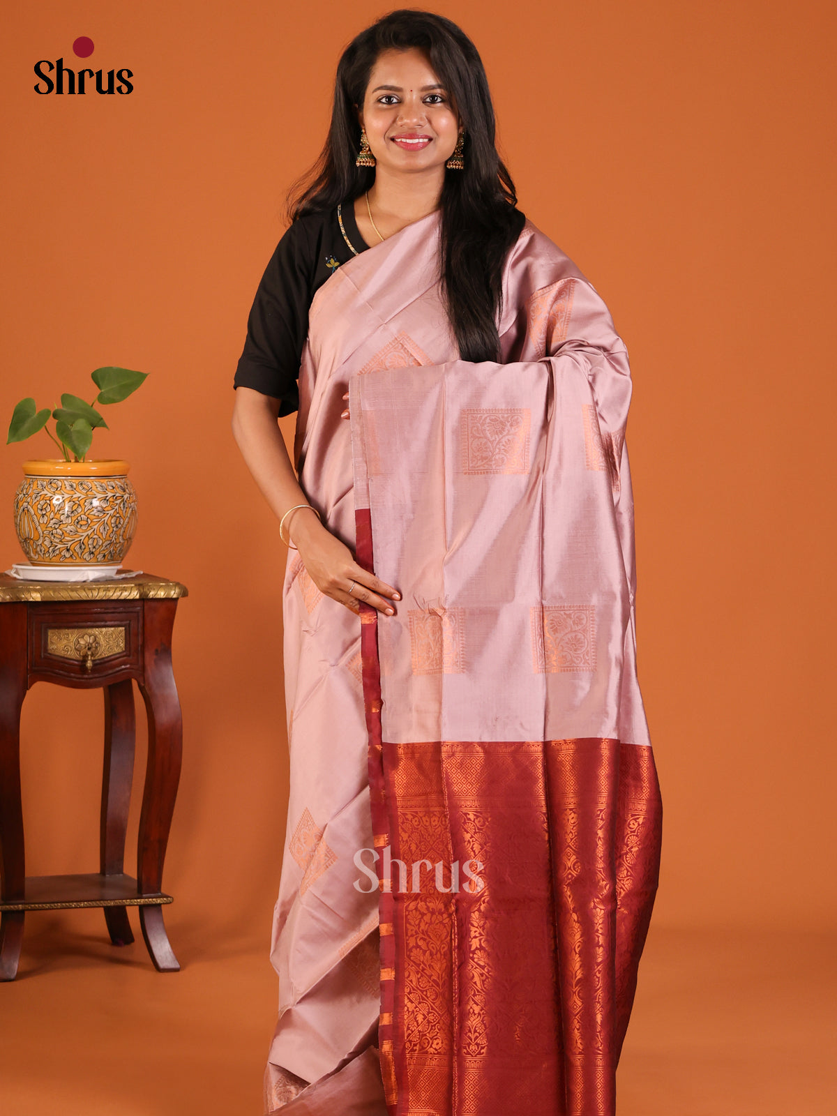 Lavender with Maroon - Semisoft silk Saree - Shop on Shrus.com