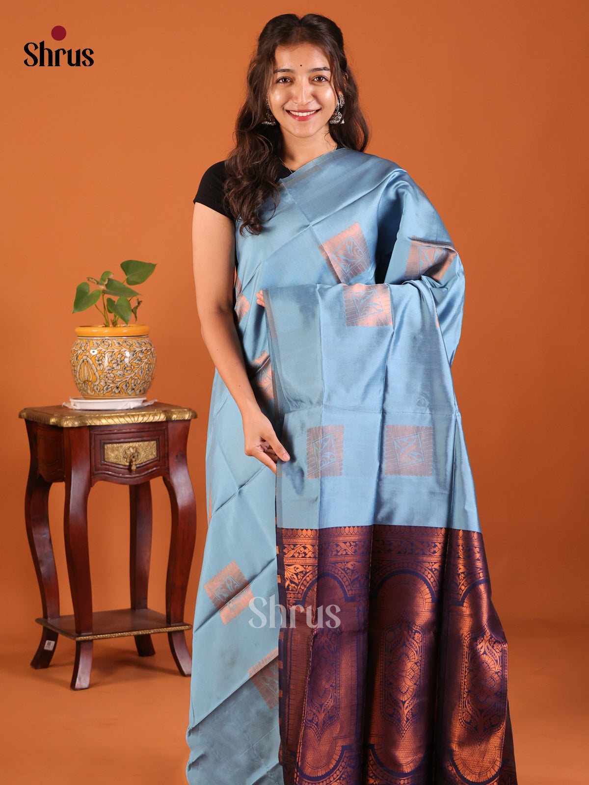 Pastel Blue with Blue - Semisoft silk Saree - Shop on Shrus.com