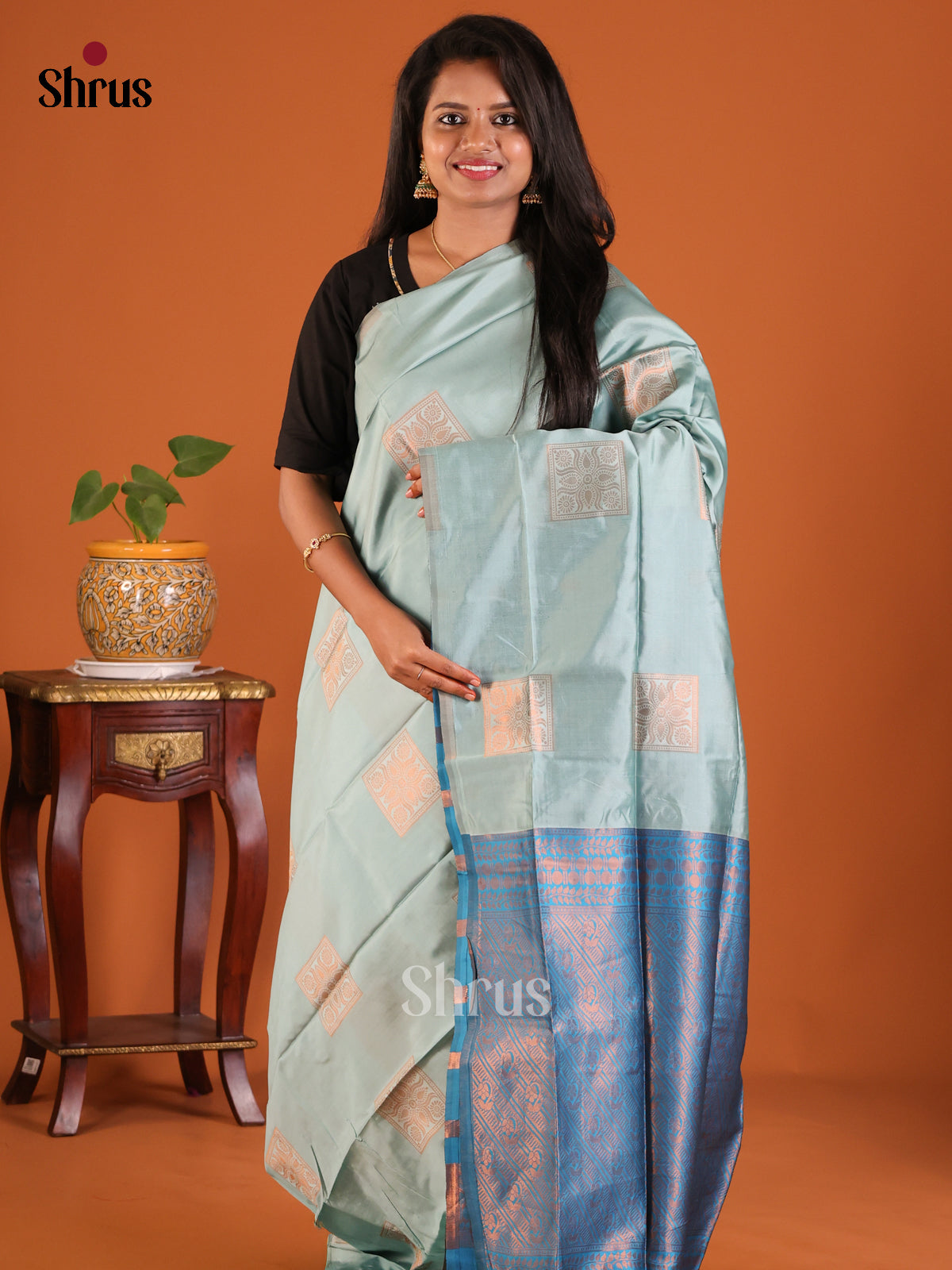 Lite Blue with Blue - Semisoft silk Saree - Shop on Shrus.com