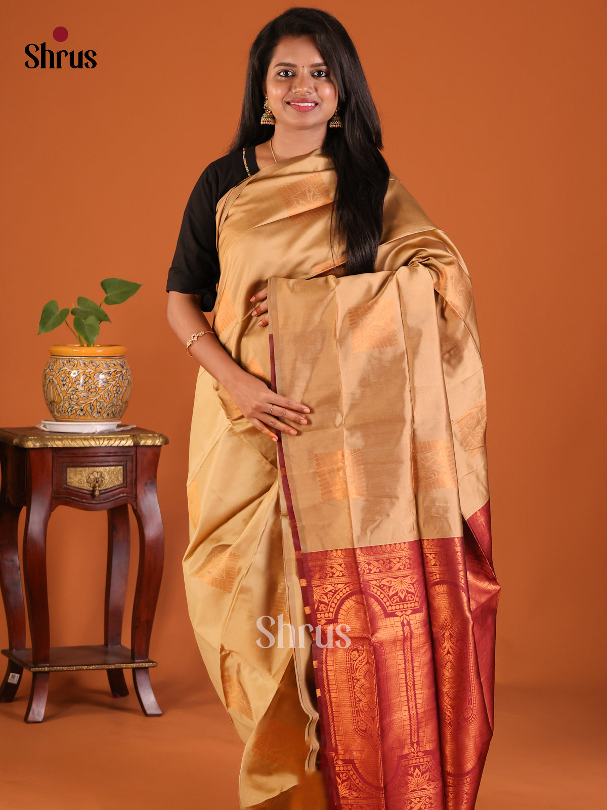 Gold with Maroon - Semisoft silk Saree - Shop on Shrus.com