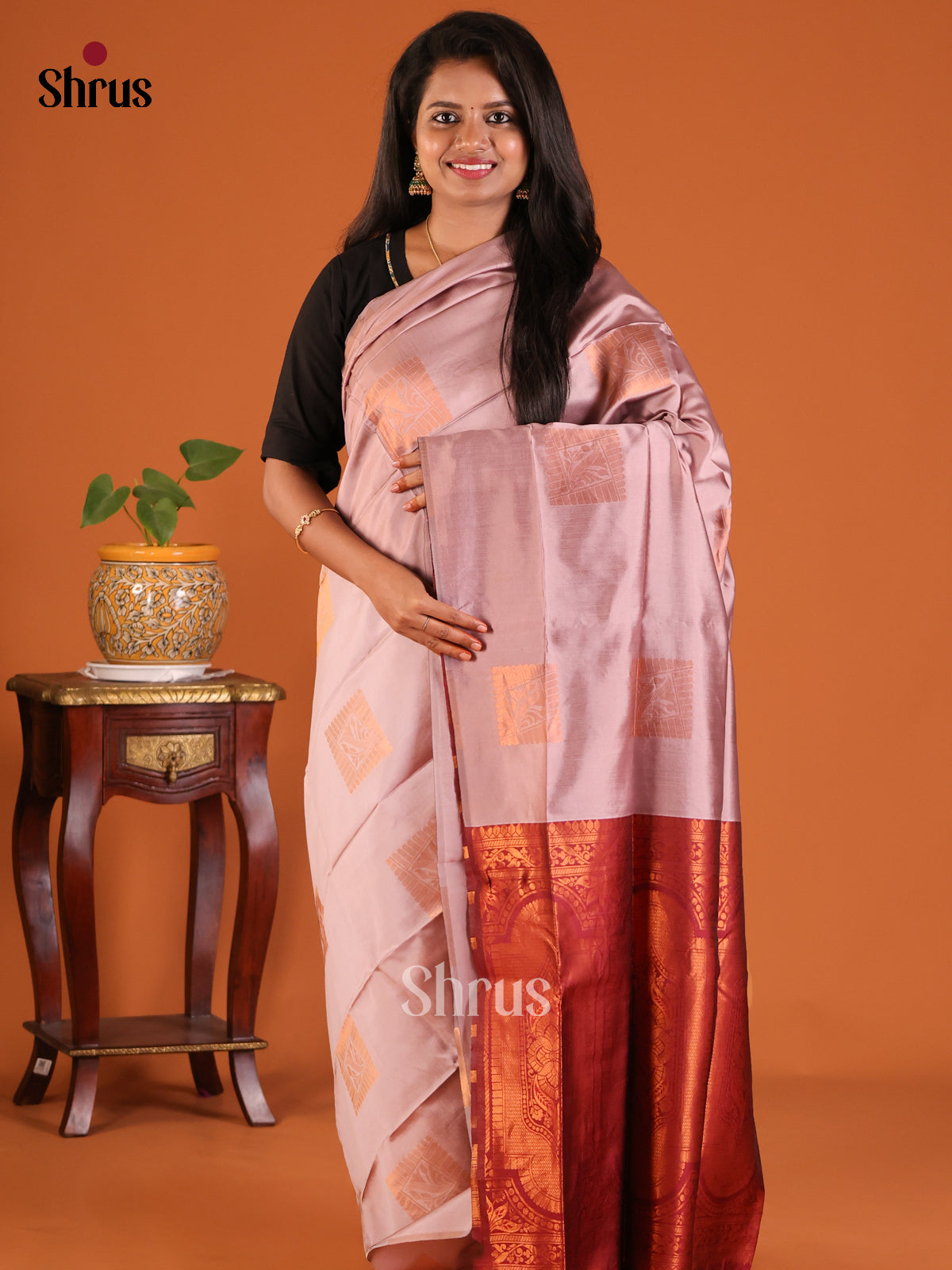 Mild Lavender with Maroon - Semisoft silk Saree - Shop on Shrus.com