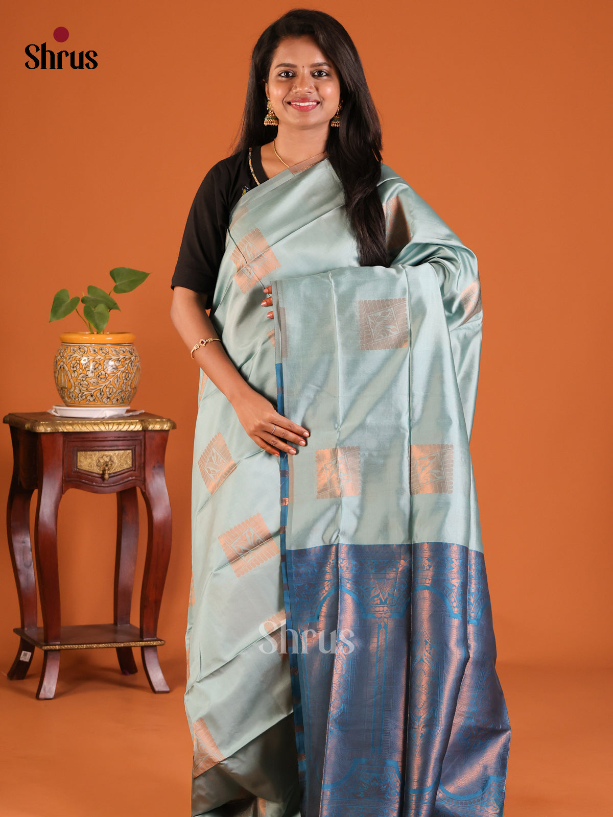Pastel Blue with Blue - Semisoft silk Saree - Shop on Shrus.com