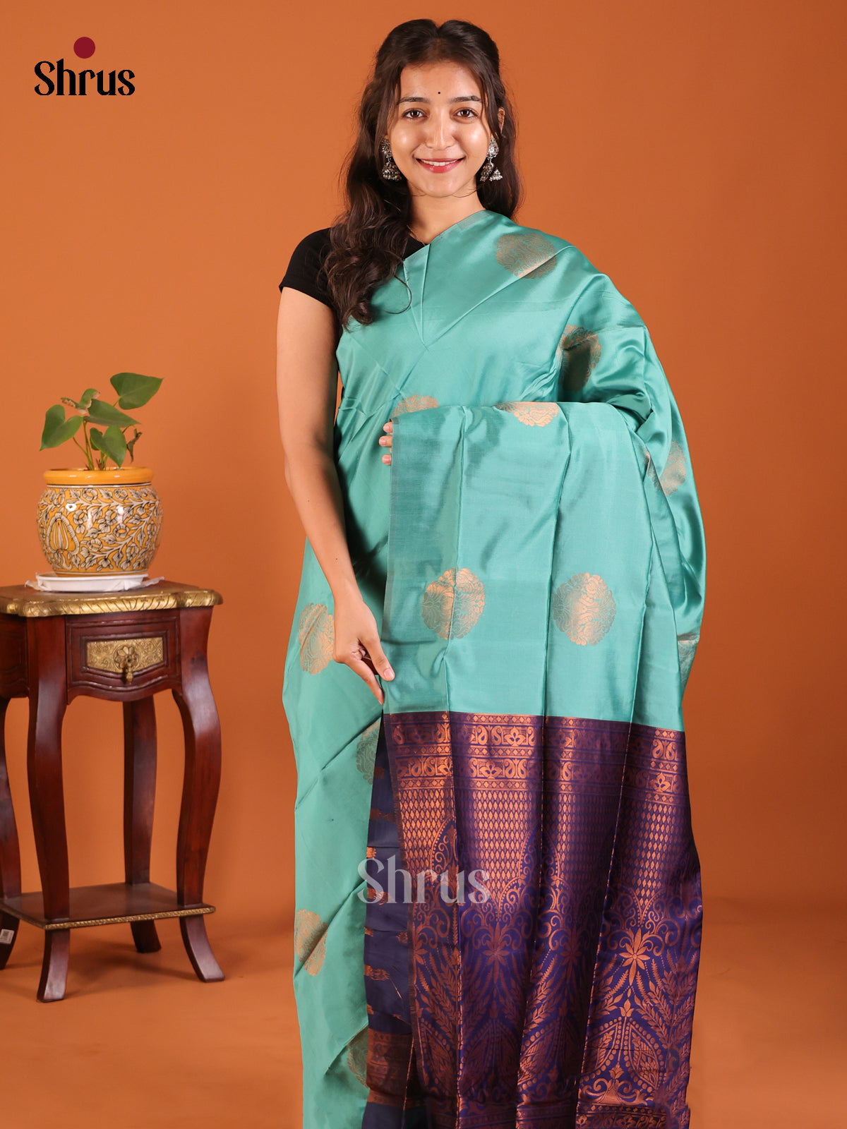 Teal with Blue - Semisoft silk Saree - Shop on Shrus.com