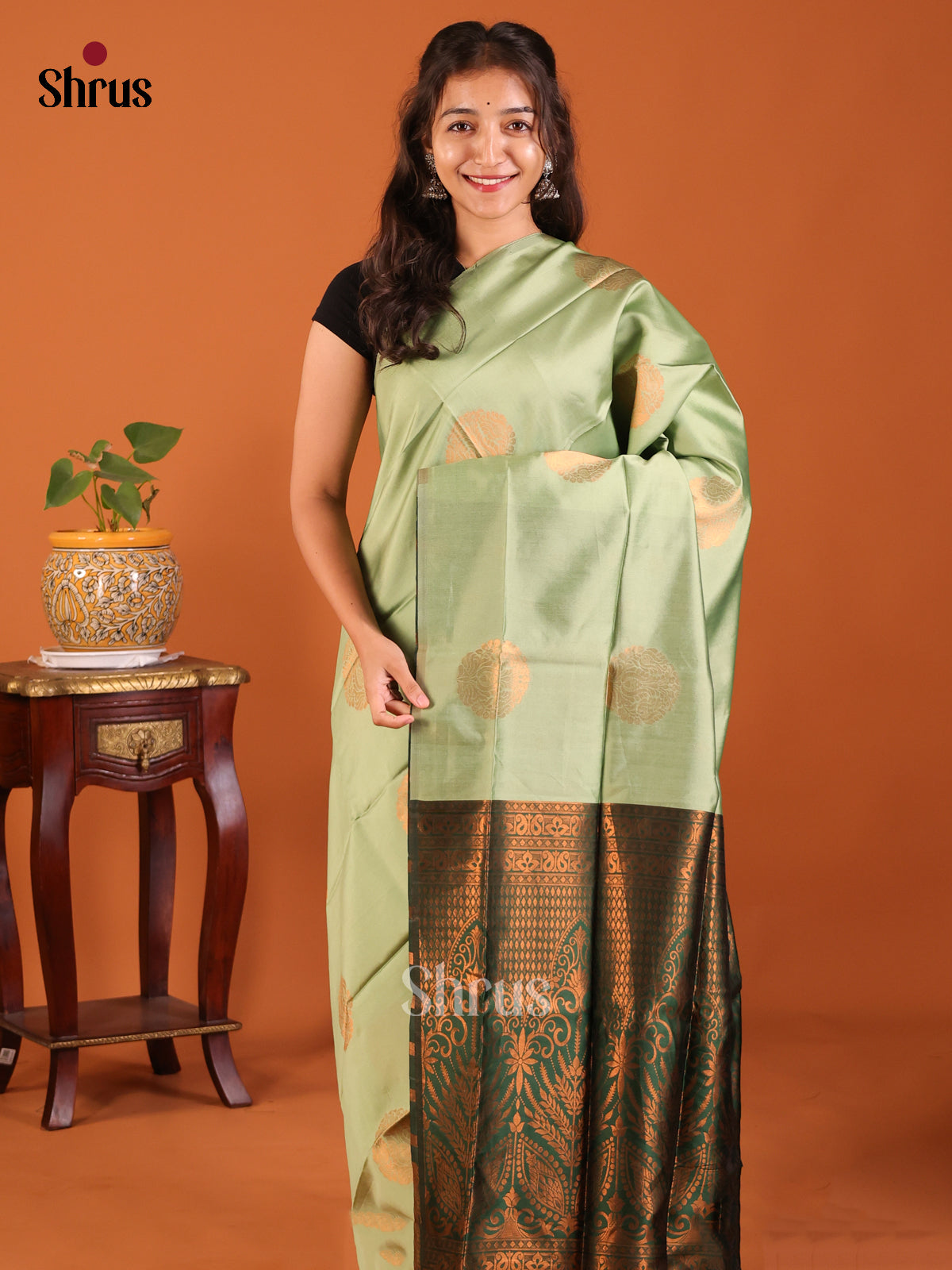 Pastel Green with Green - Semisoft silk Saree - Shop on Shrus.com