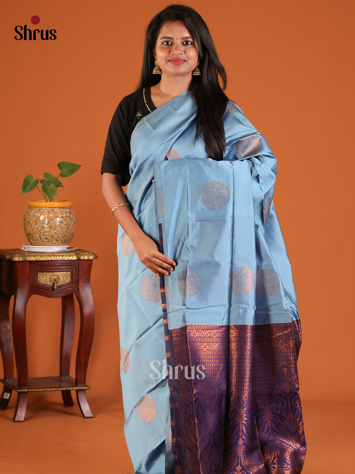 Pastel Blue with Blue- Semisoft silk Saree - Shop on Shrus.com