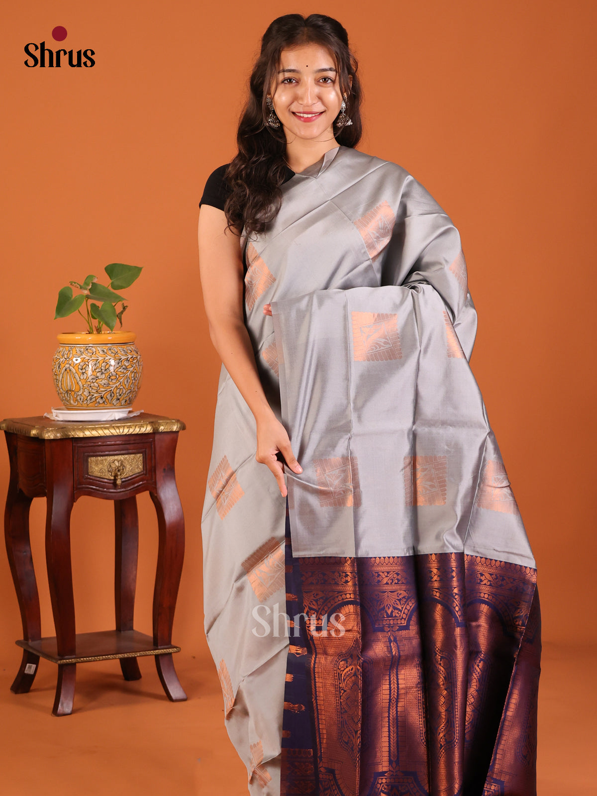 Grey with Blue - Semisoft silk Saree - Shop on Shrus.com
