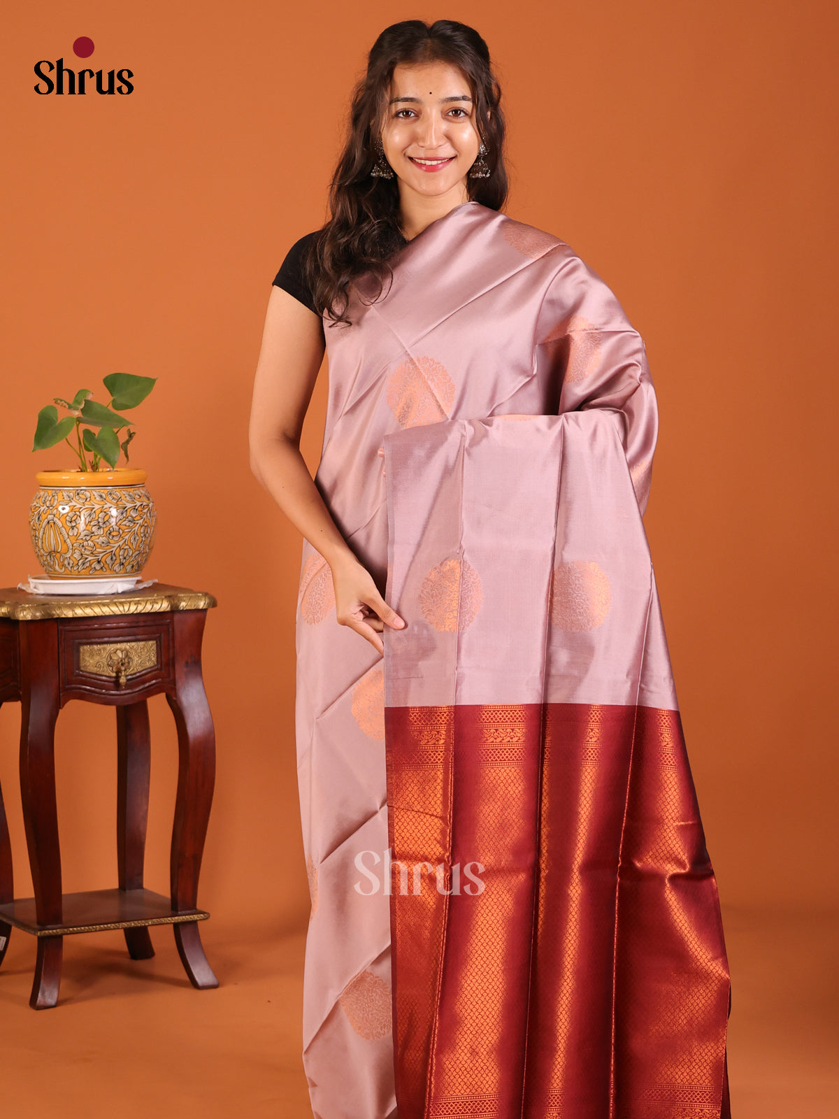 Lavender with Maroon - Semisoft silk Saree - Shop on Shrus.com