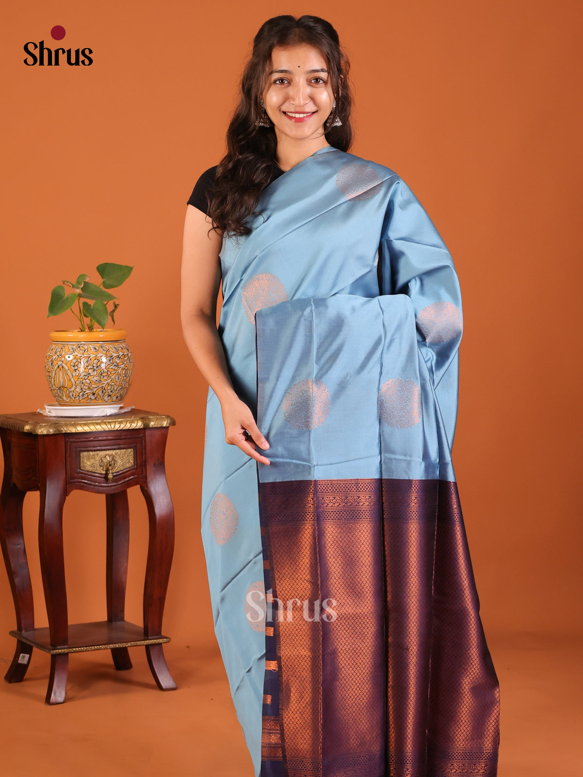 Pastel Blue with Blue - Semisoft silk Saree - Shop on Shrus.com