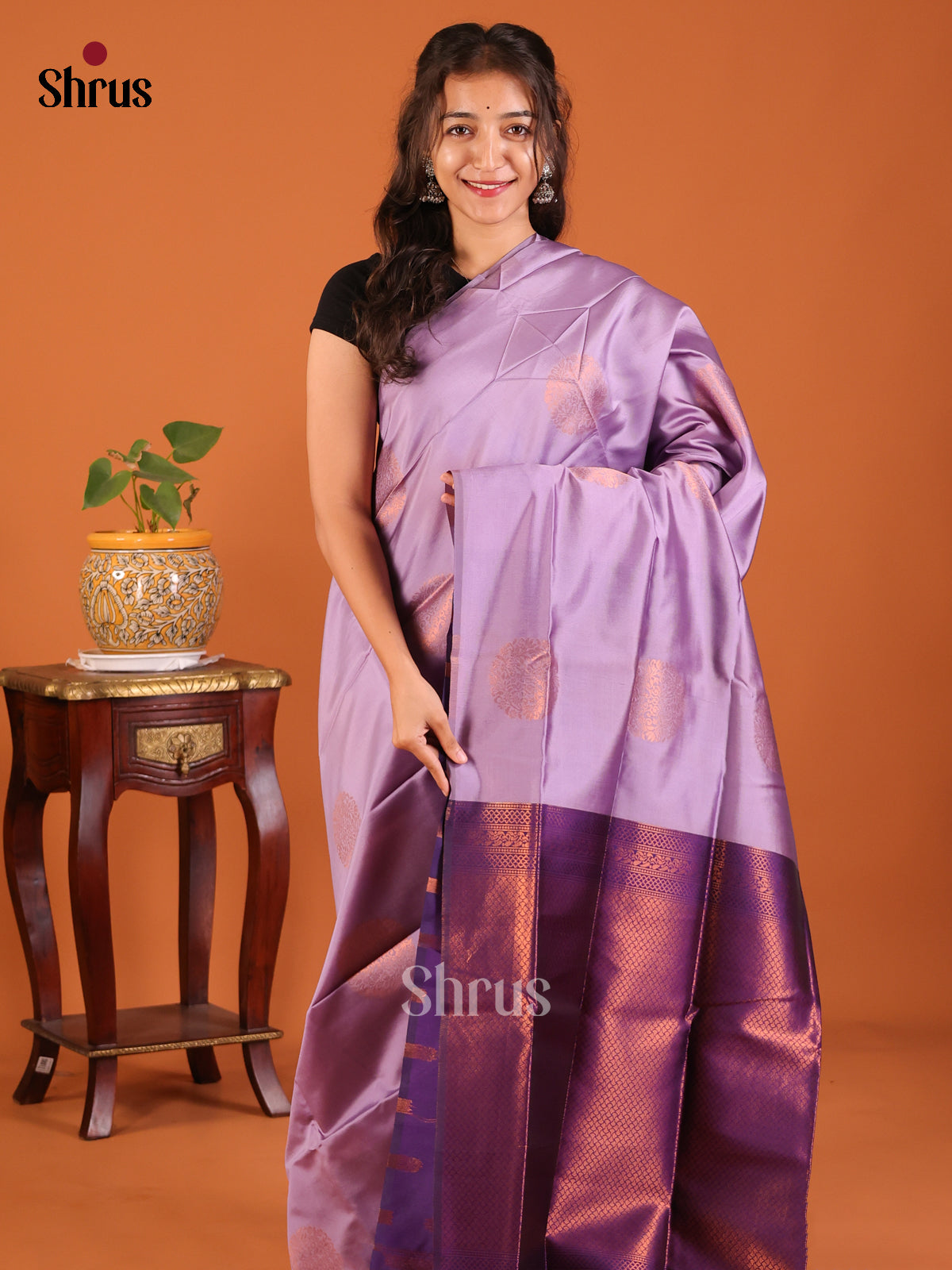 Lavender with Violet - Semisoft silk Saree - Shop on Shrus.com