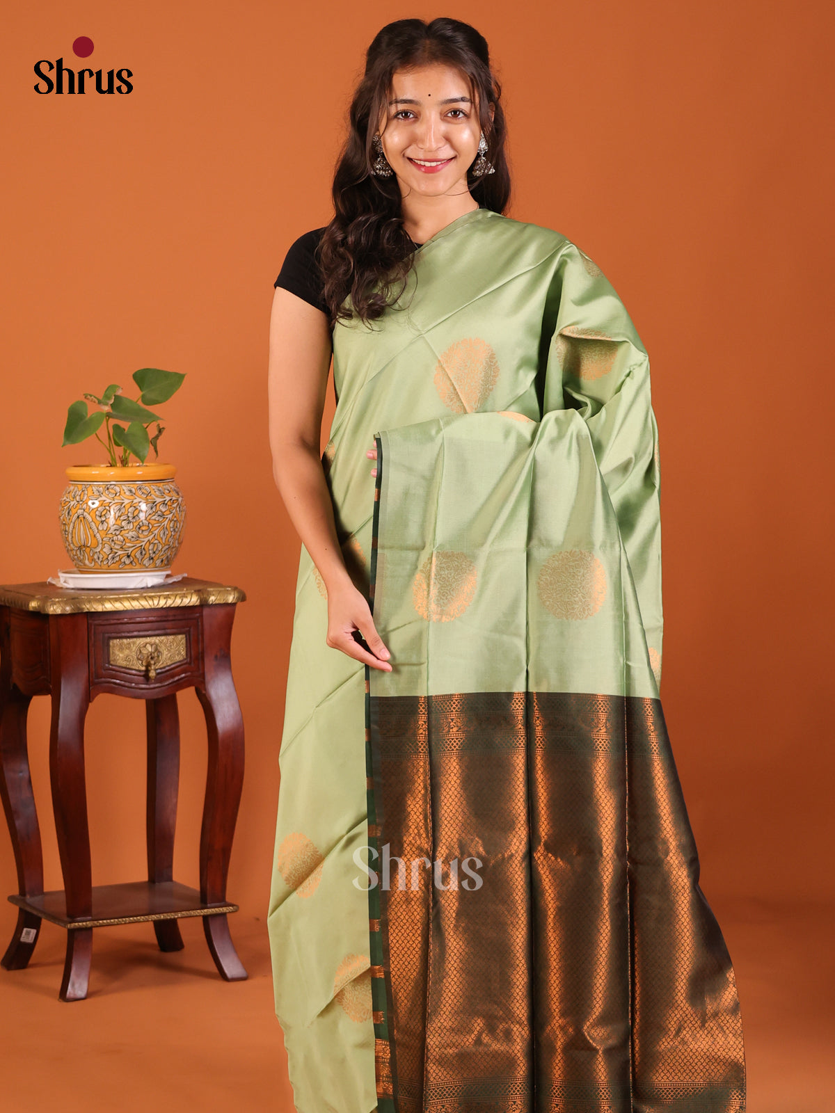 Pastel Green with Green - Semisoft silk Saree - Shop on Shrus.com
