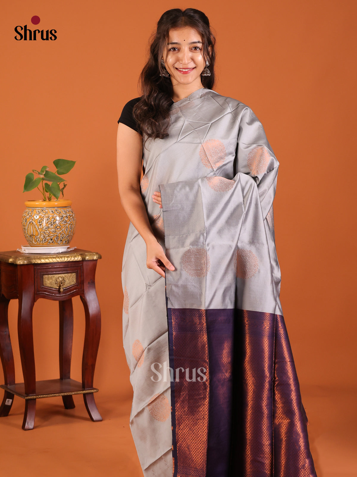 Silver with Blue - Semisoft silk Saree - Shop on Shrus.com