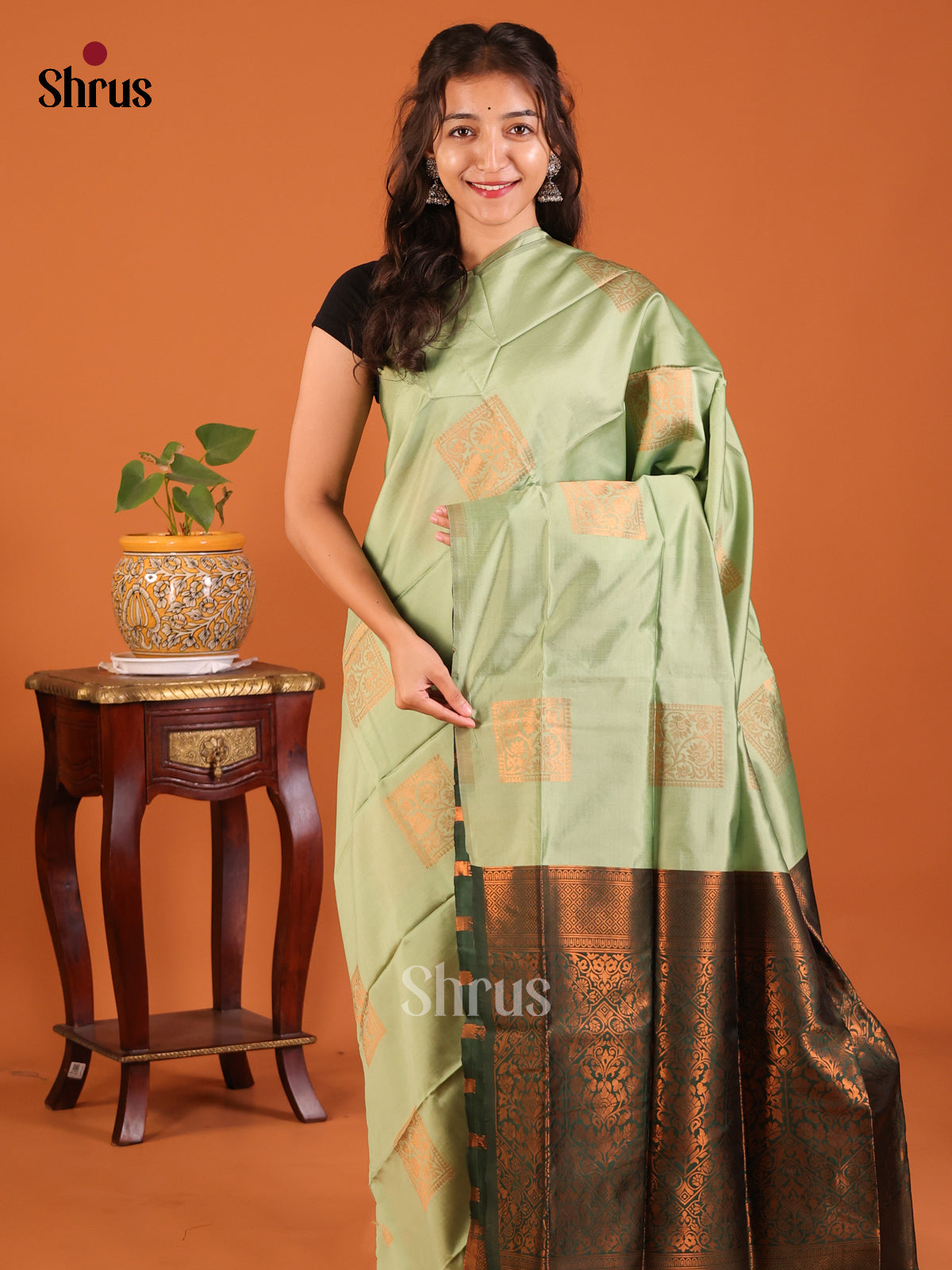 Pastel Green with Green- Semisoft silk Saree - Shop on Shrus.com