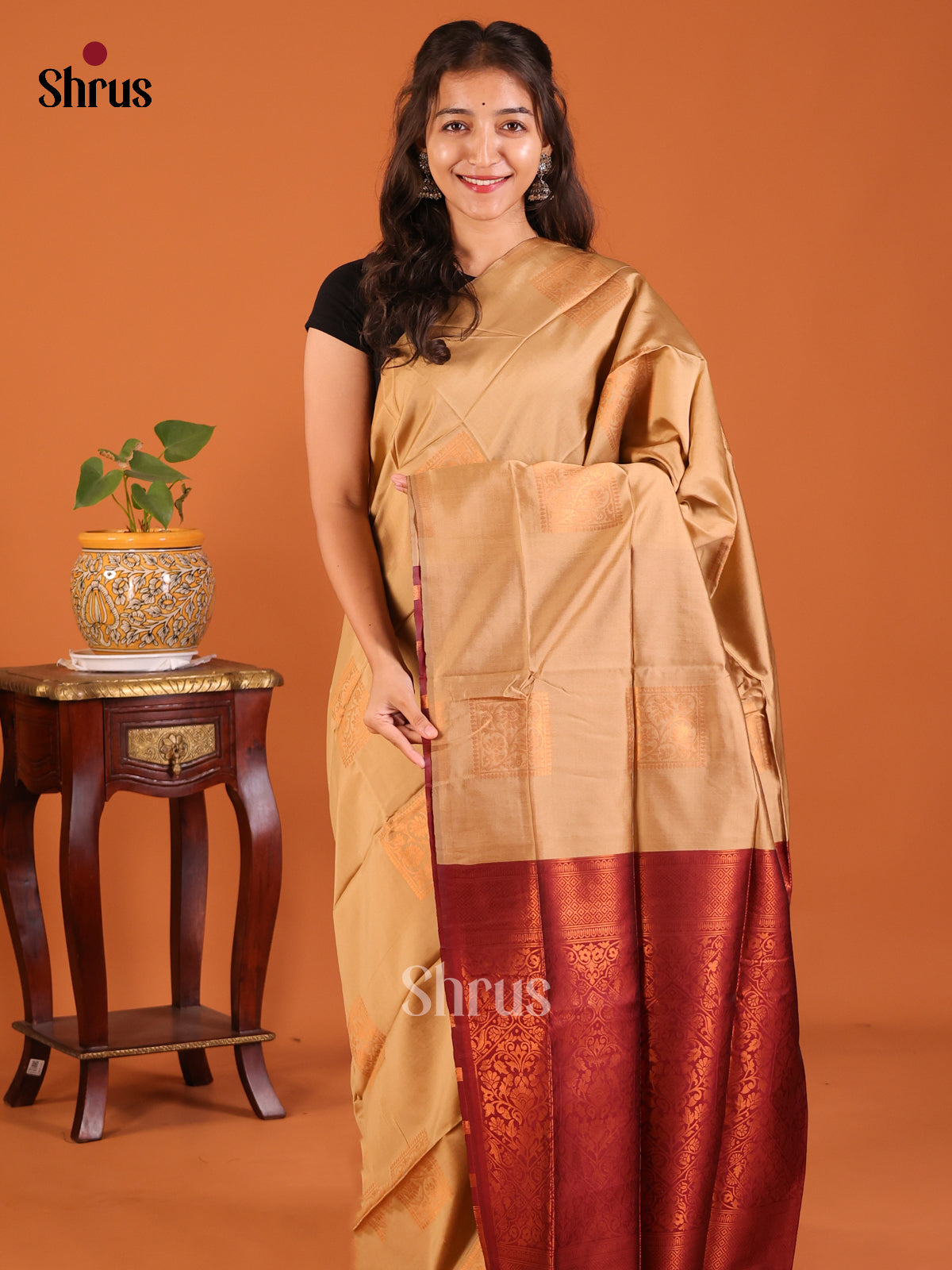 Dull Gold with Maroon - Semisoft silk Saree - Shop on Shrus.com