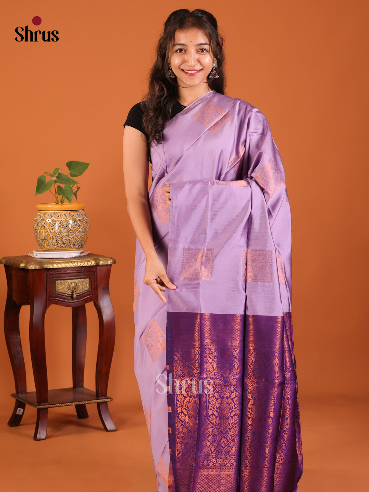 Lavender with Violet - Semisoft silk Saree - Shop on Shrus.com