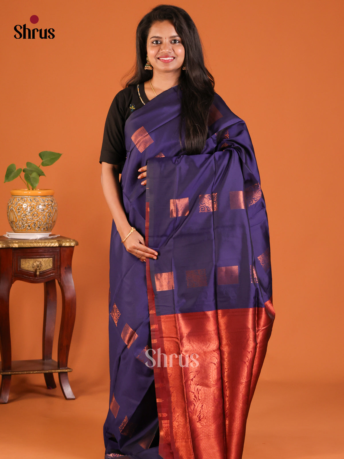 Blue with Maroon - Semisoft silk Saree - Shop on Shrus.com