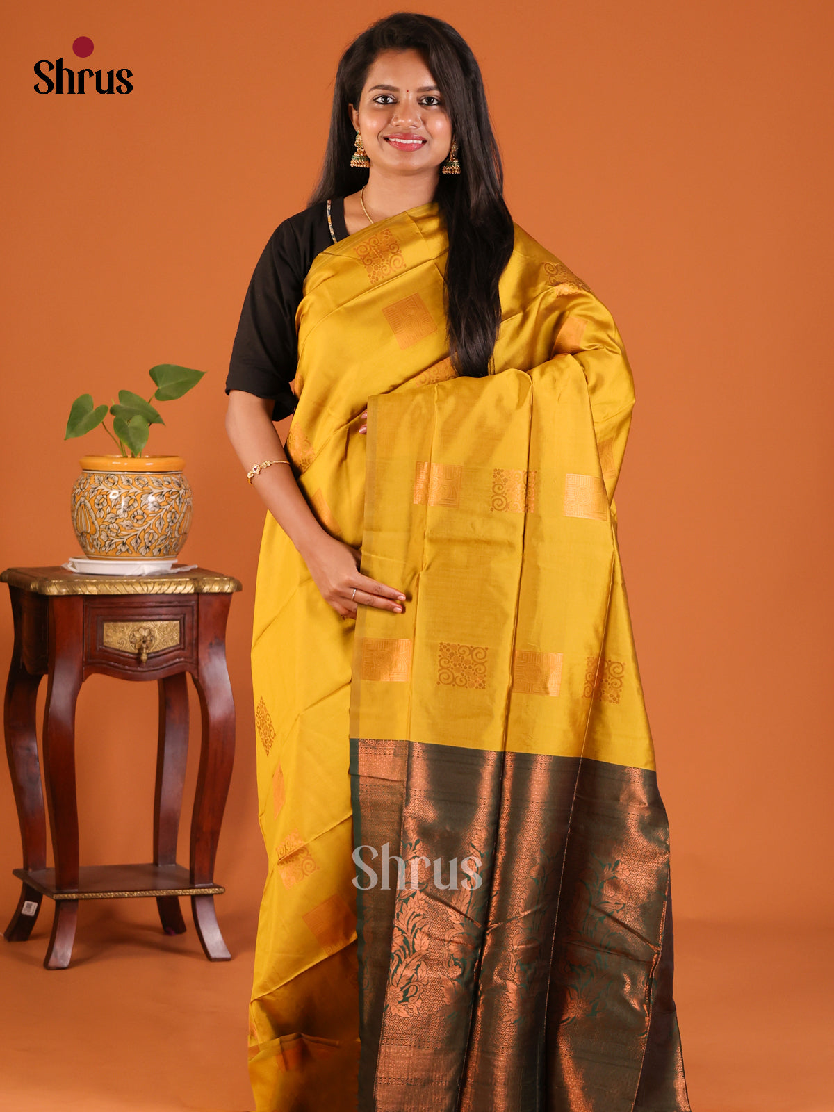 Mustardy Green with Green - Semisoft silk Saree - Shop on Shrus.com