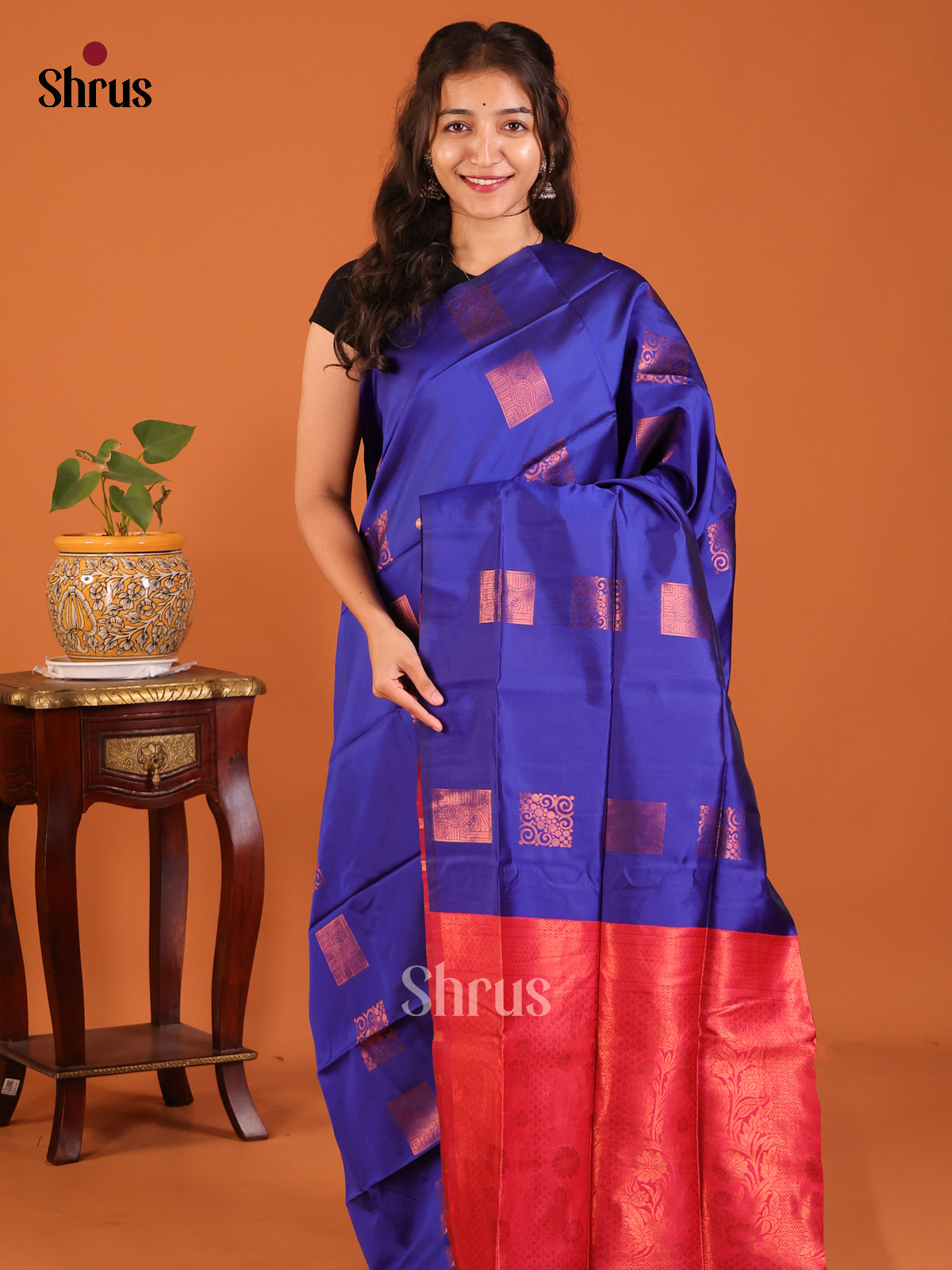 Blue with Maroon - Semisoft silk Saree - Shop on Shrus.com