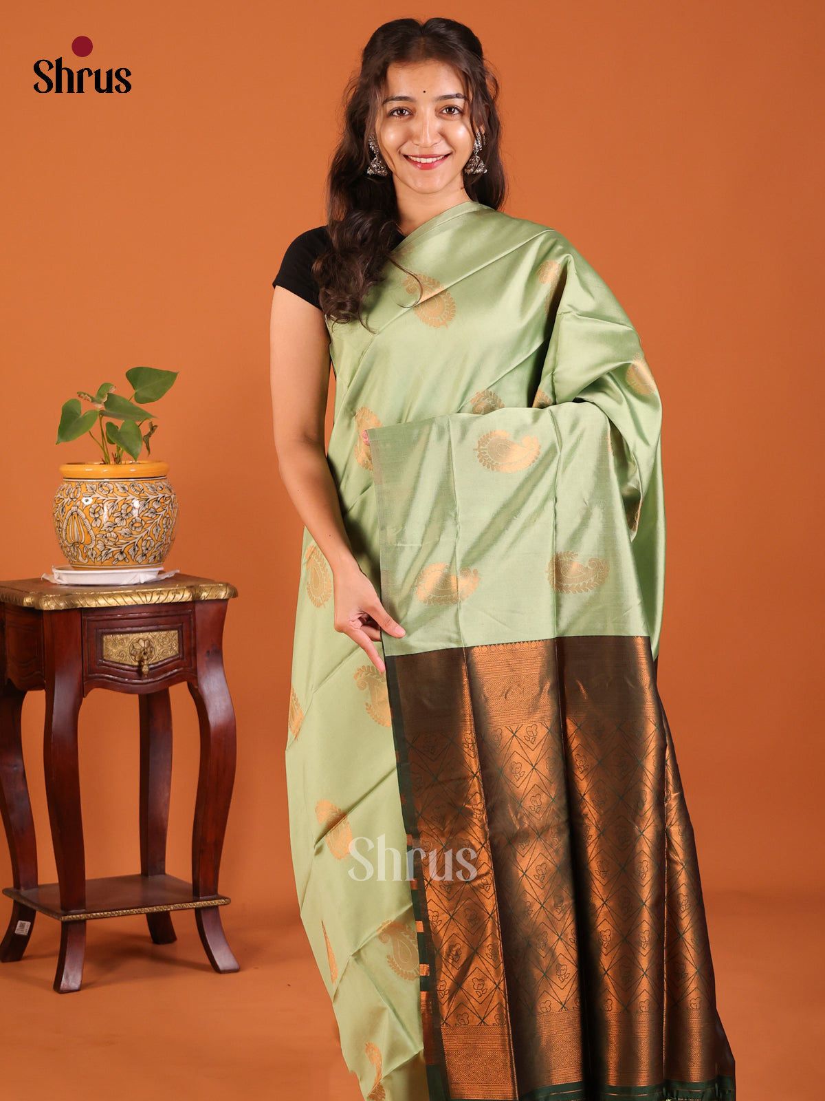 Pastel Green with Green - Semisoft silk Saree - Shop on Shrus.com