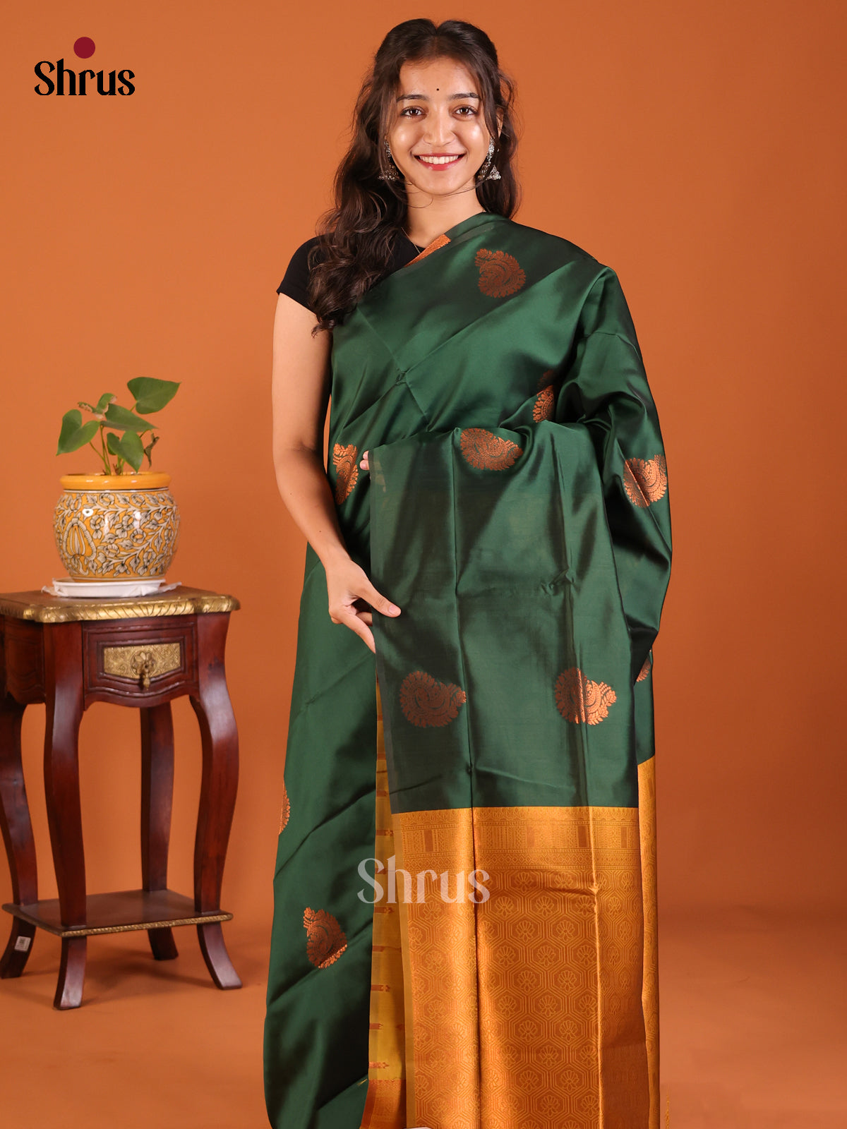 Green with Mustard - Semisoft silk Saree - Shop on Shrus.com