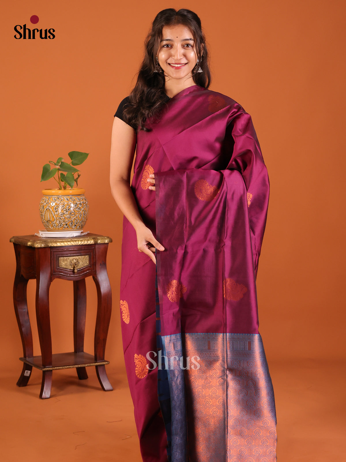 Wine with Blue - Semisoft silk Saree - Shop on Shrus.com