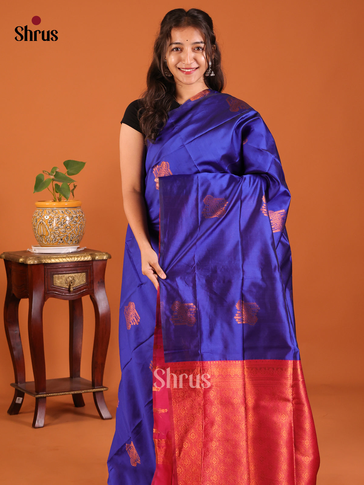 Blue with Maroon - Semisoft silk Saree - Shop on Shrus.com