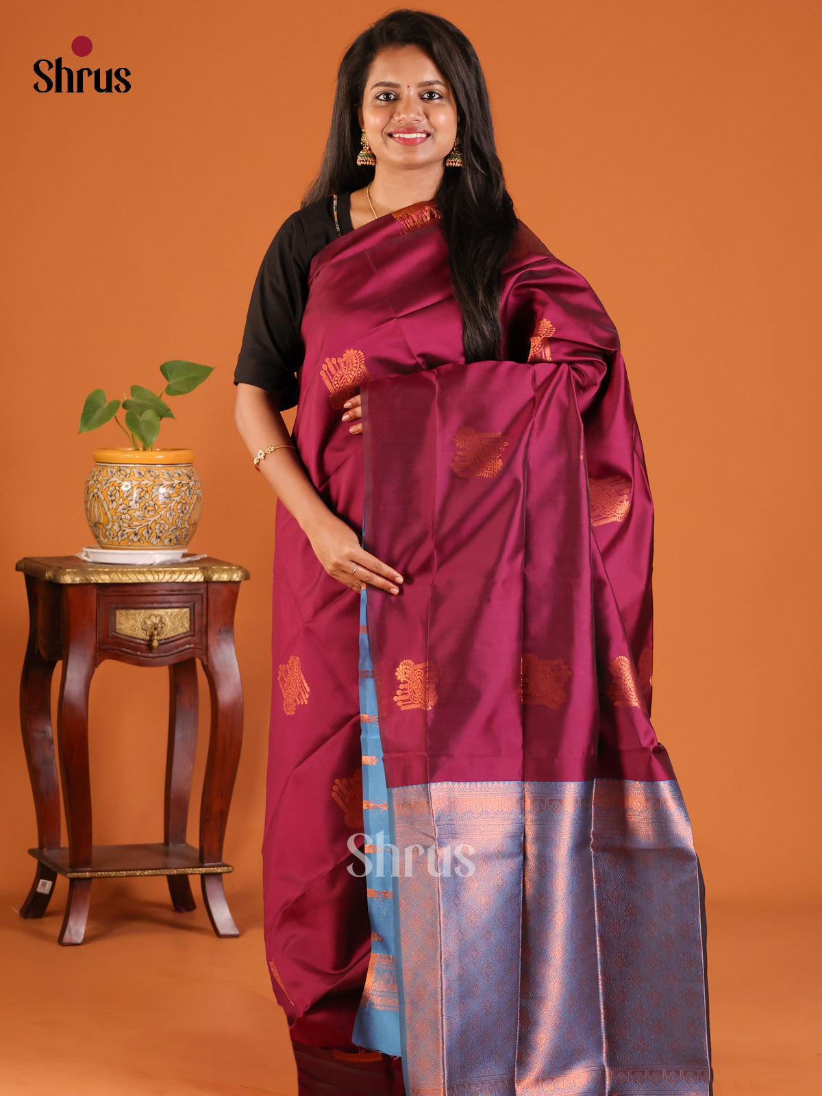 Wine with Blue - Semisoft silk Saree - Shop on Shrus.com