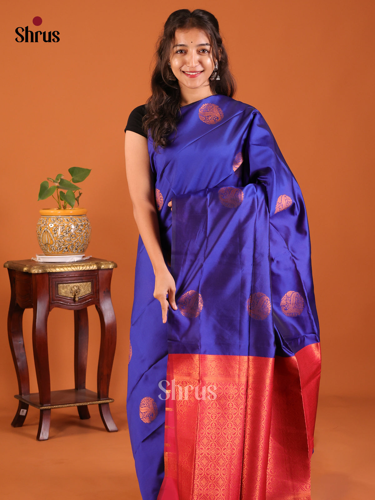 Blue with Maroon - Semisoft silk Saree - Shop on Shrus.com