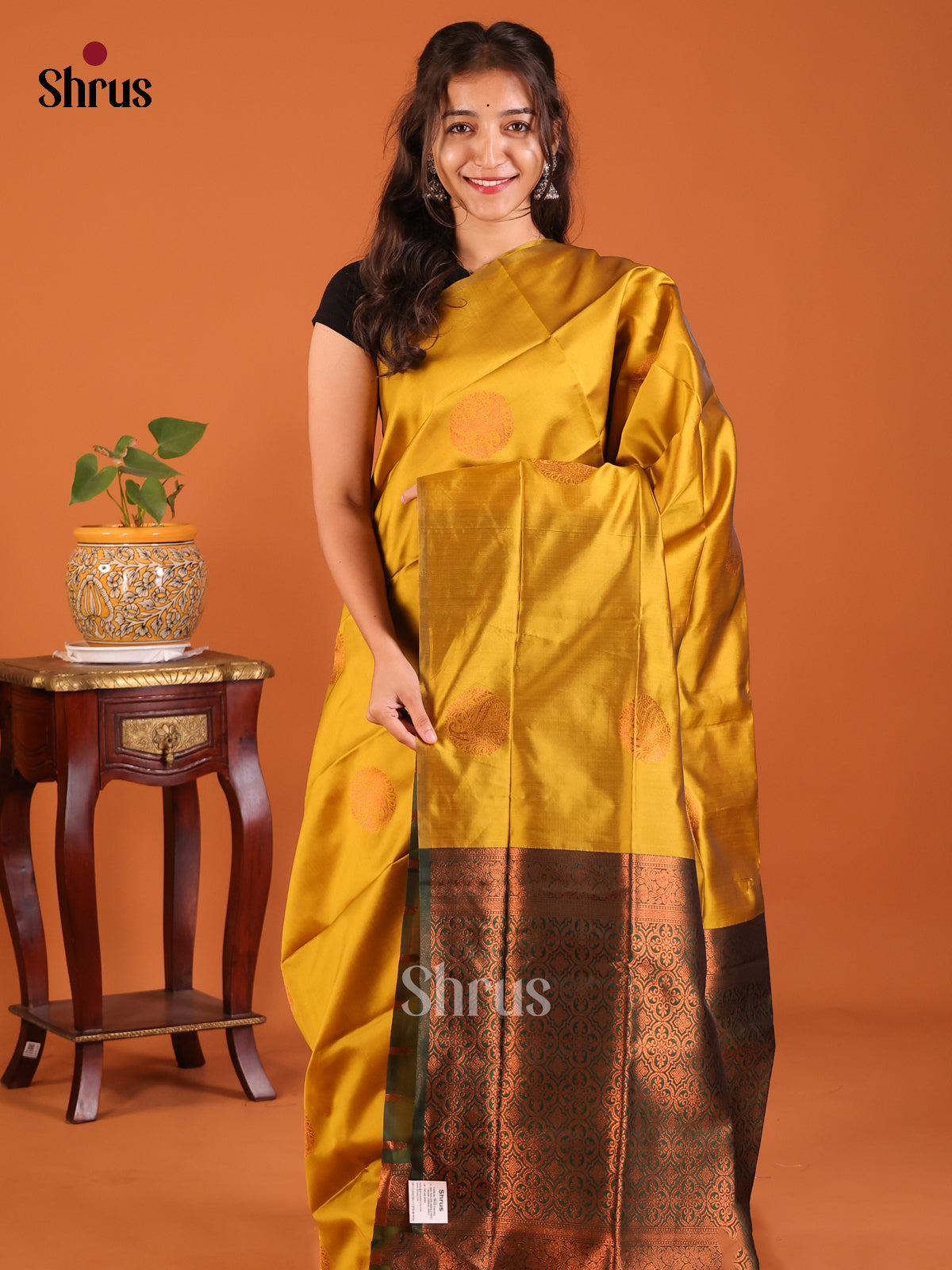 Mustardy Green with Green - Semisoft silk Saree - Shop on Shrus.com
