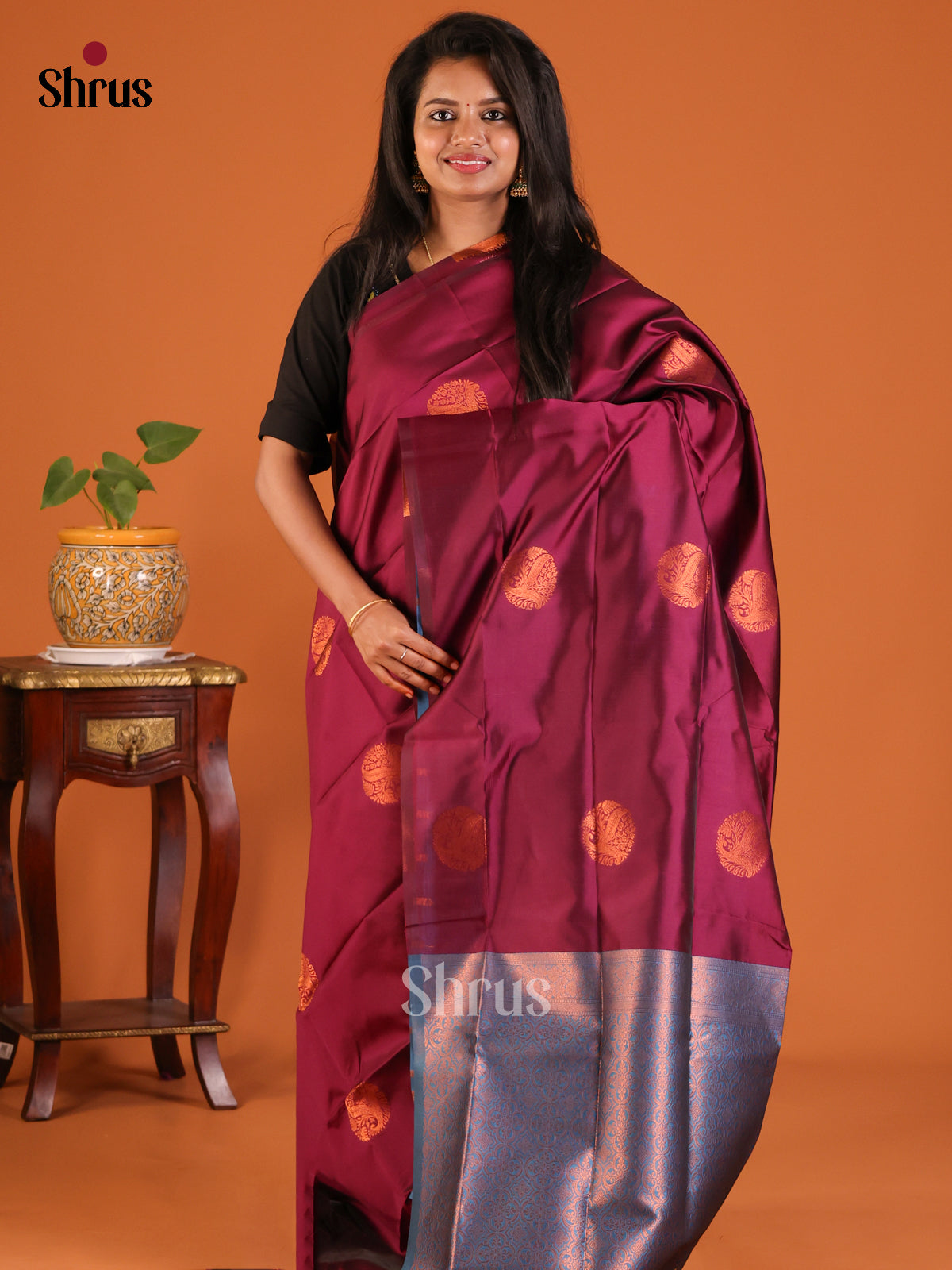 Wine with Blue - Semisoft silk Saree - Shop on Shrus.com