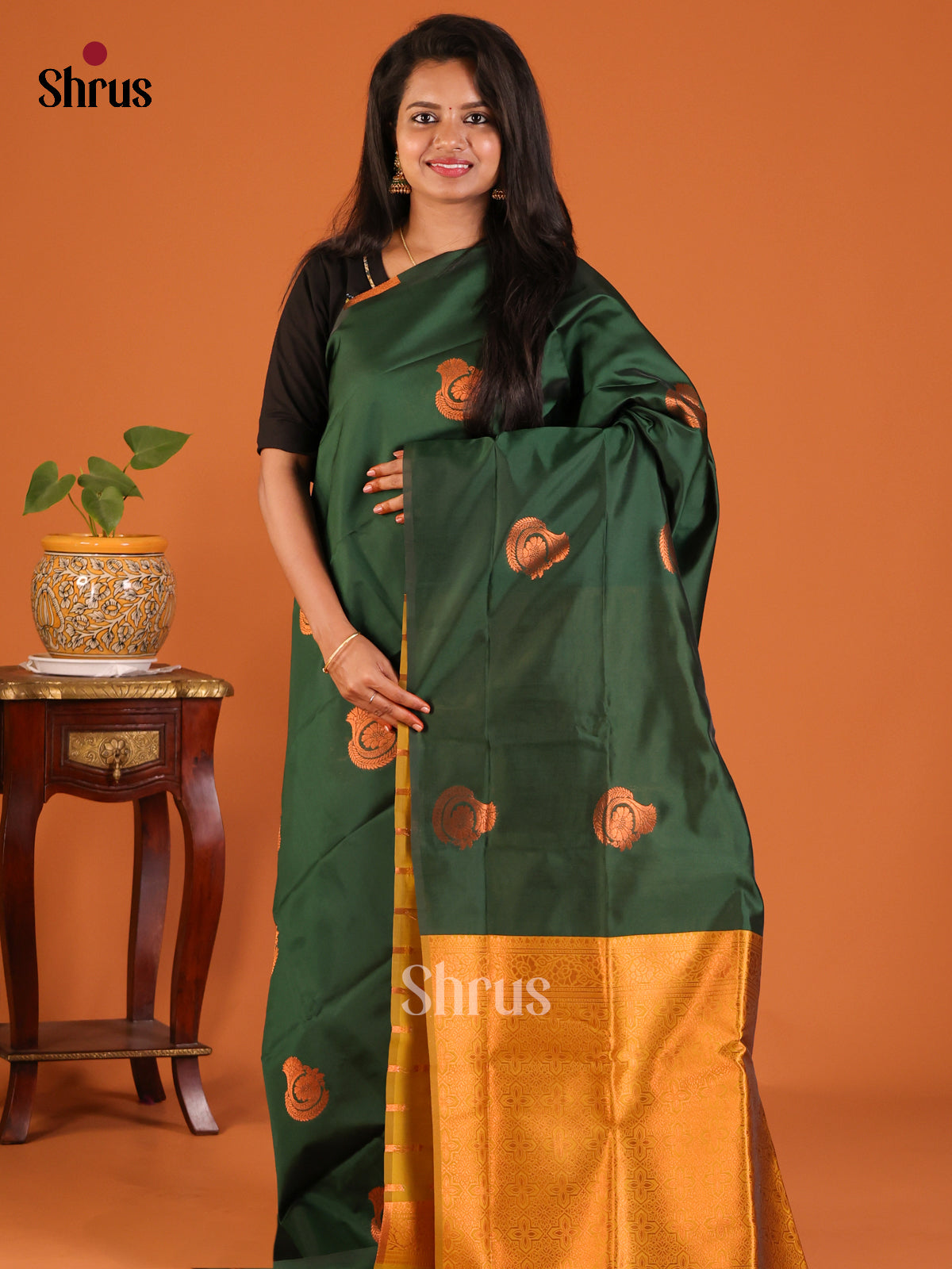 Bottle Green with Mustard - Semisoft silk Saree - Shop on Shrus.com