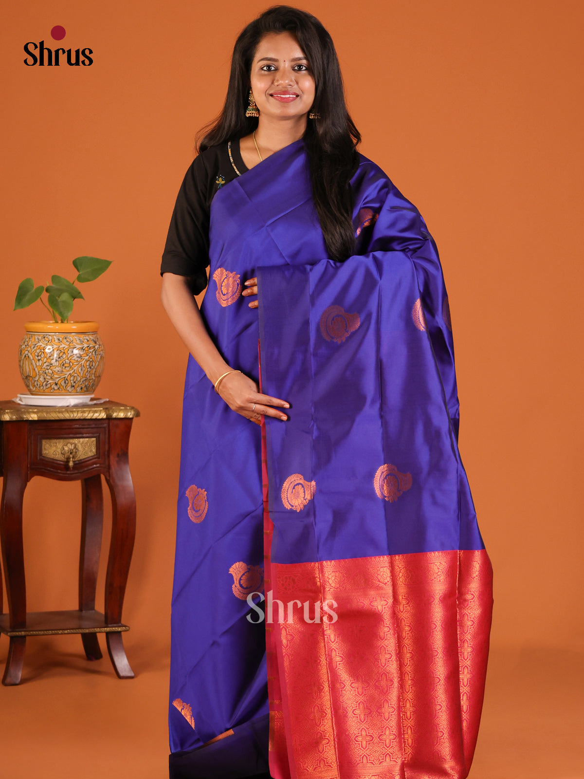 Blue with Maroon - Semisoft silk Saree - Shop on Shrus.com