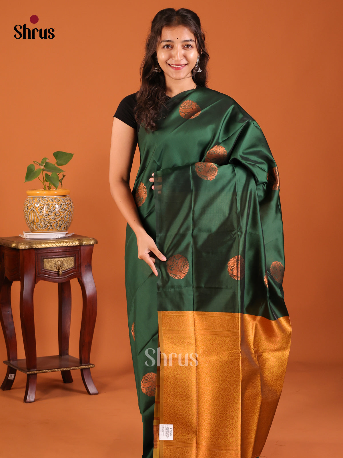Bottle Green with Mustard - Semisoft silk Saree - Shop on Shrus.com