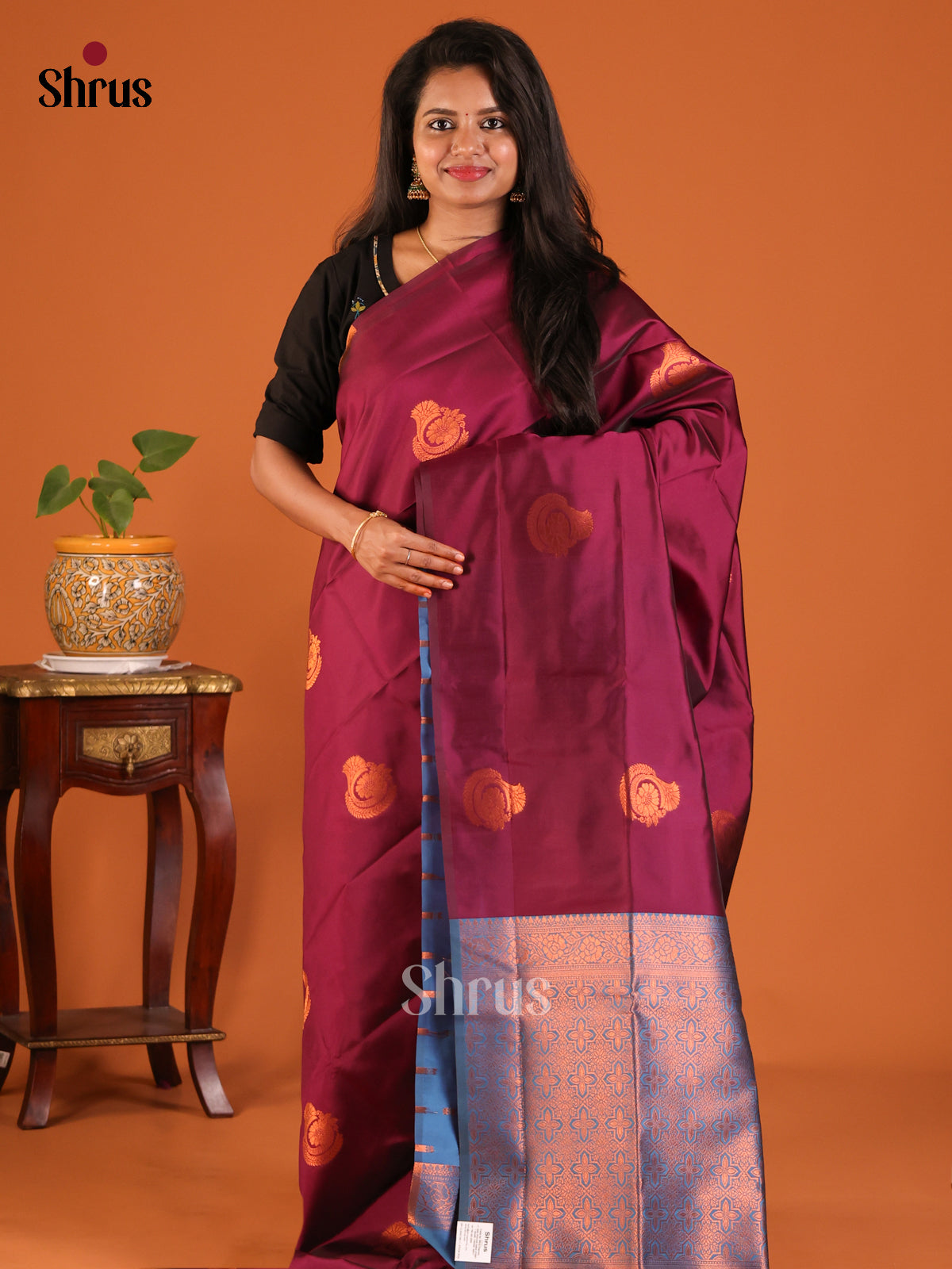 Wine with Blue - Semisoft silk Saree - Shop on Shrus.com
