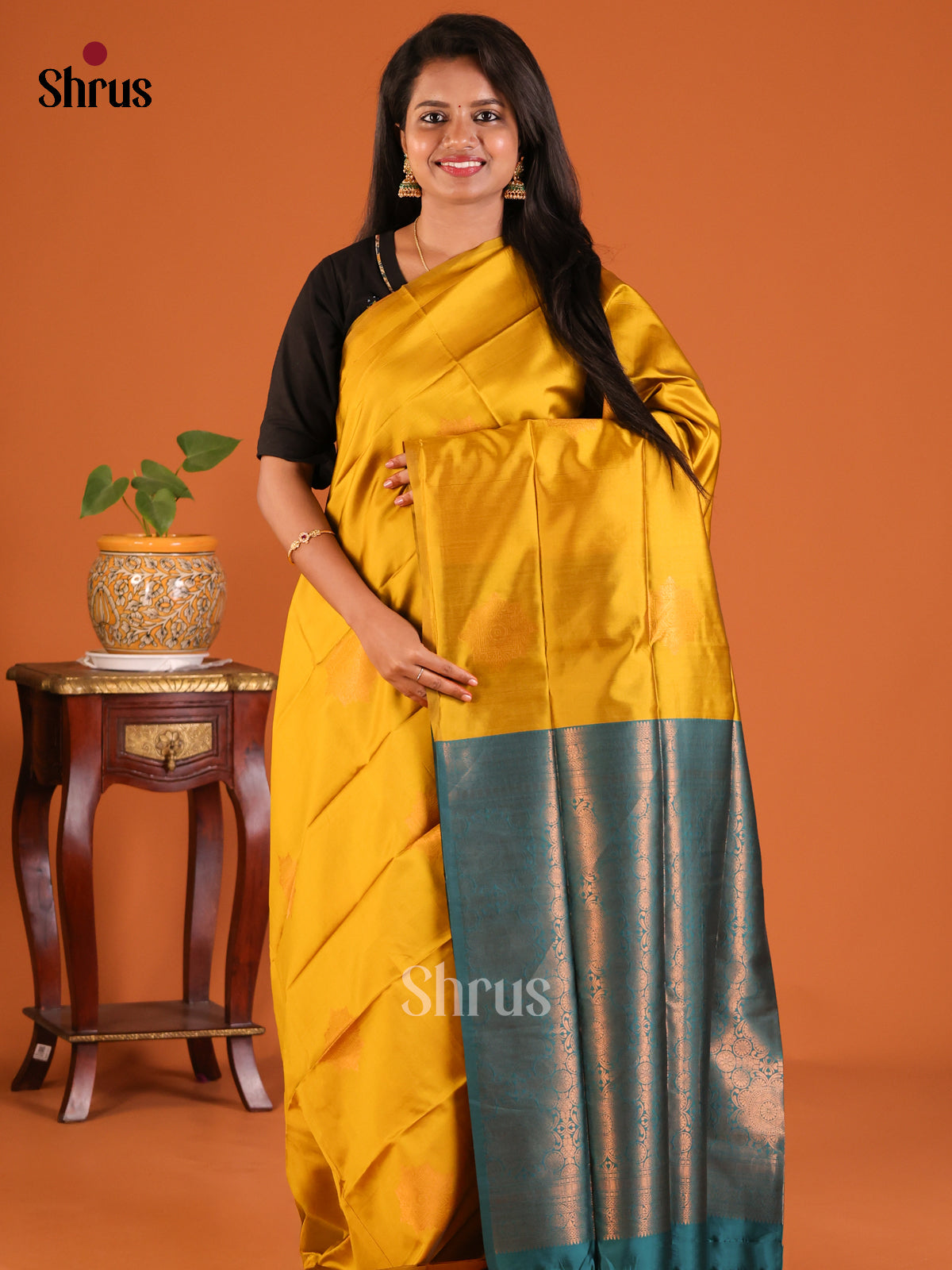 Mustardy Green with Blue - Semisoft silk Saree - Shop on Shrus.com