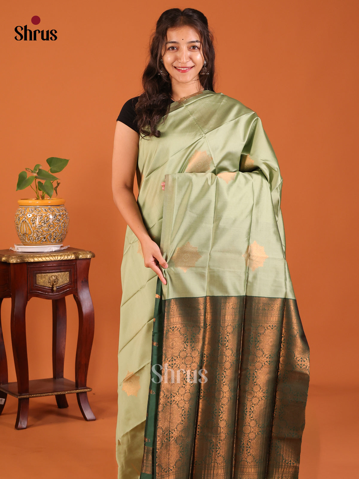 Pastel Green with Green - Semisoft silk Saree - Shop on Shrus.com